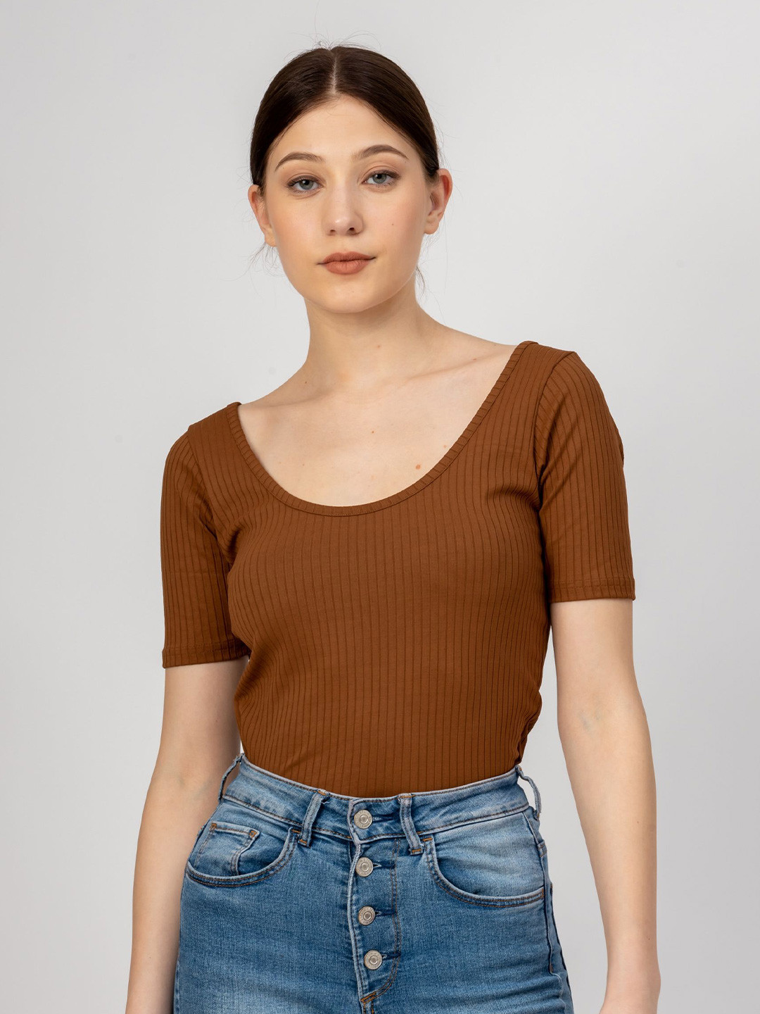 PYR8 women Ribbed Round Sleeves Shorts sleeves Top