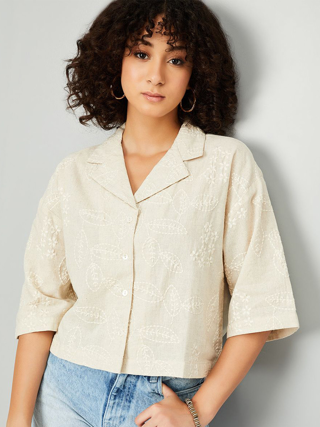 max Women Tropical Printed Lapel Collar Cotton Top