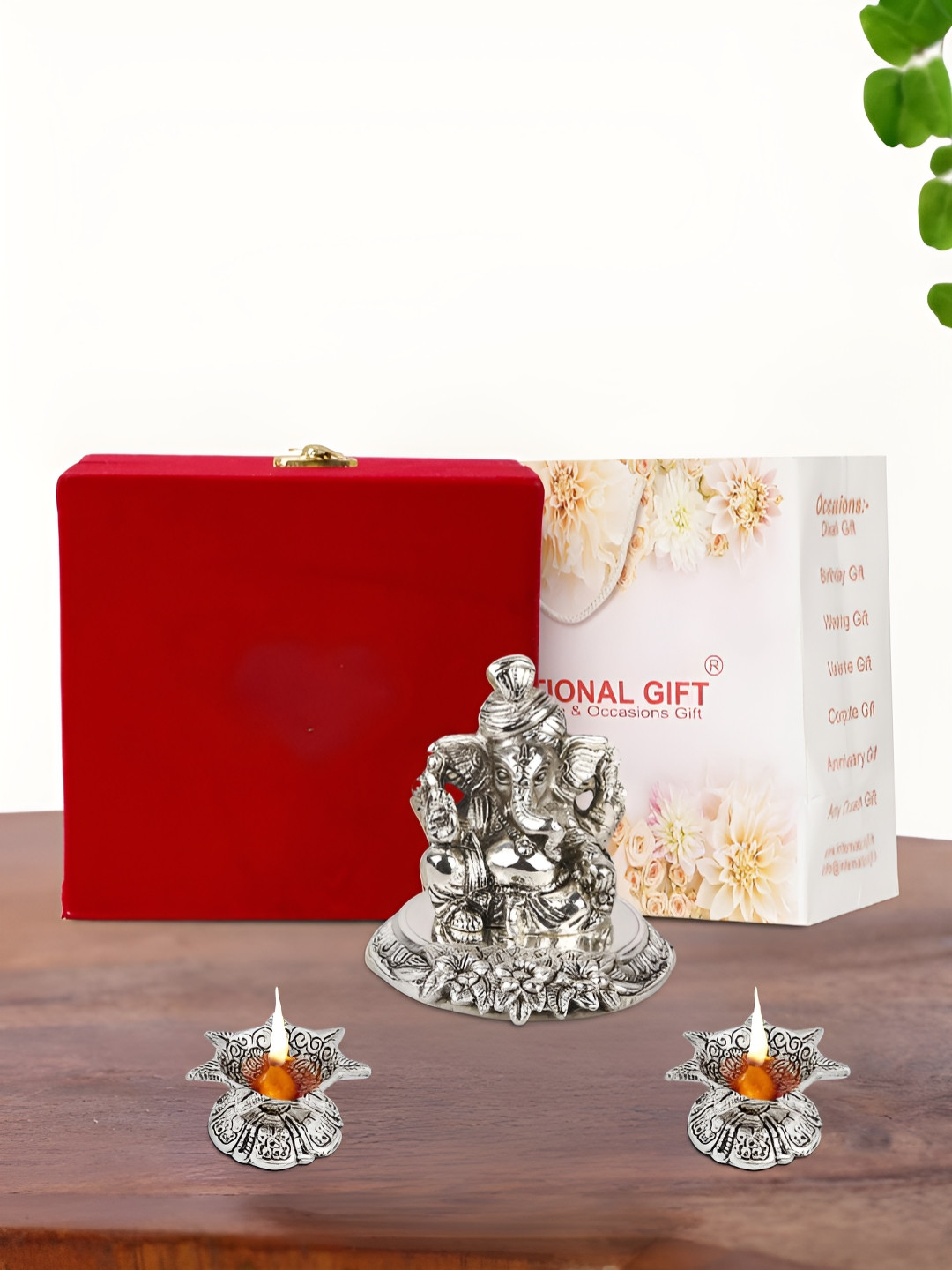 INTERNATIONAL GIFT Pagdi Ganesh Idol with Diya, Box and Carry Bag Silver Metal Metallic Prayer Room Set of 3 Small Showpieces - 3 Inches