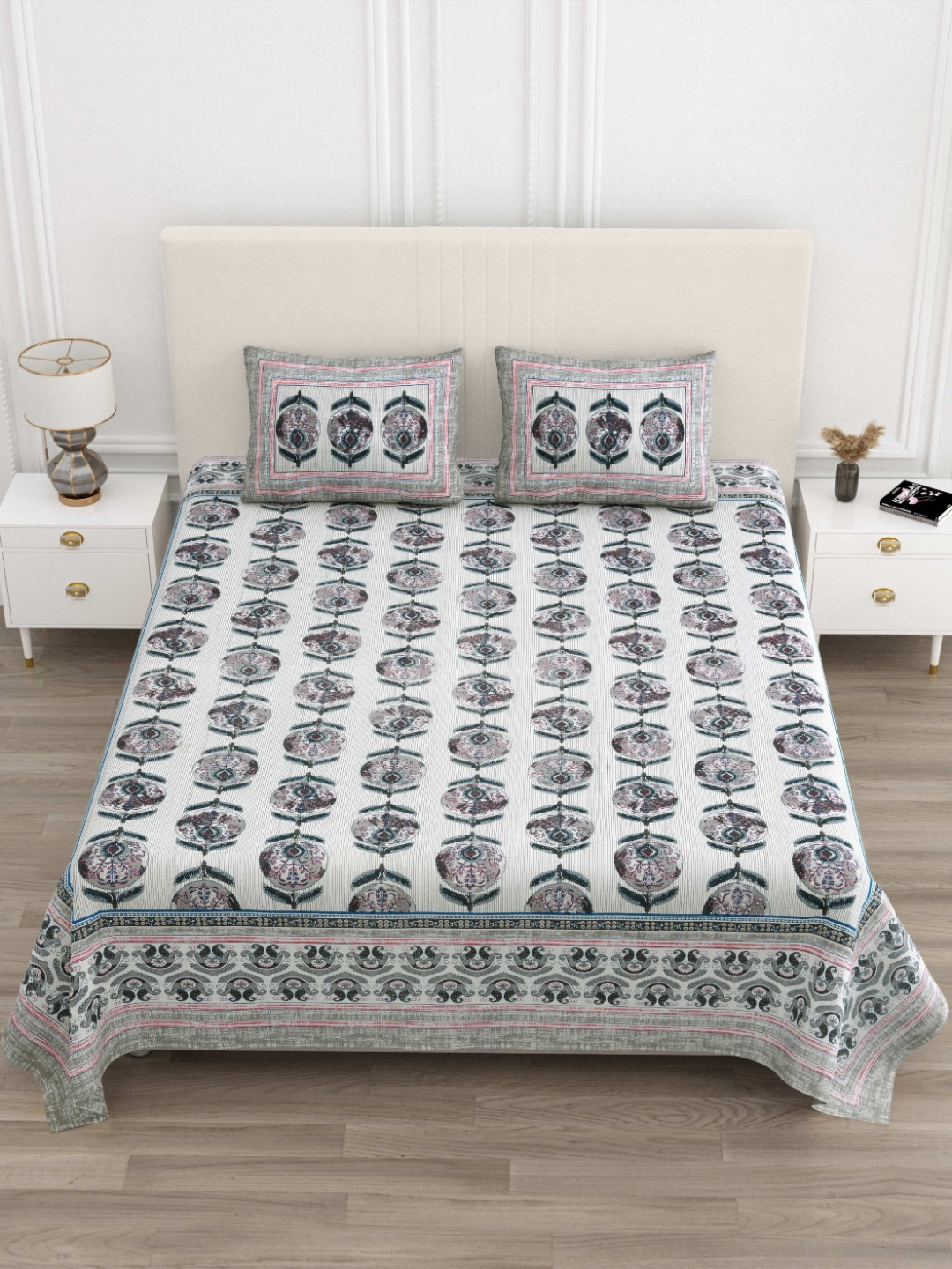 JAIPUR PRIME Magnet Green Ethnic Motifs Pure Cotton 180 TC King Superfine Bedsheet with 2 Pillow Covers-108 x 100 inches