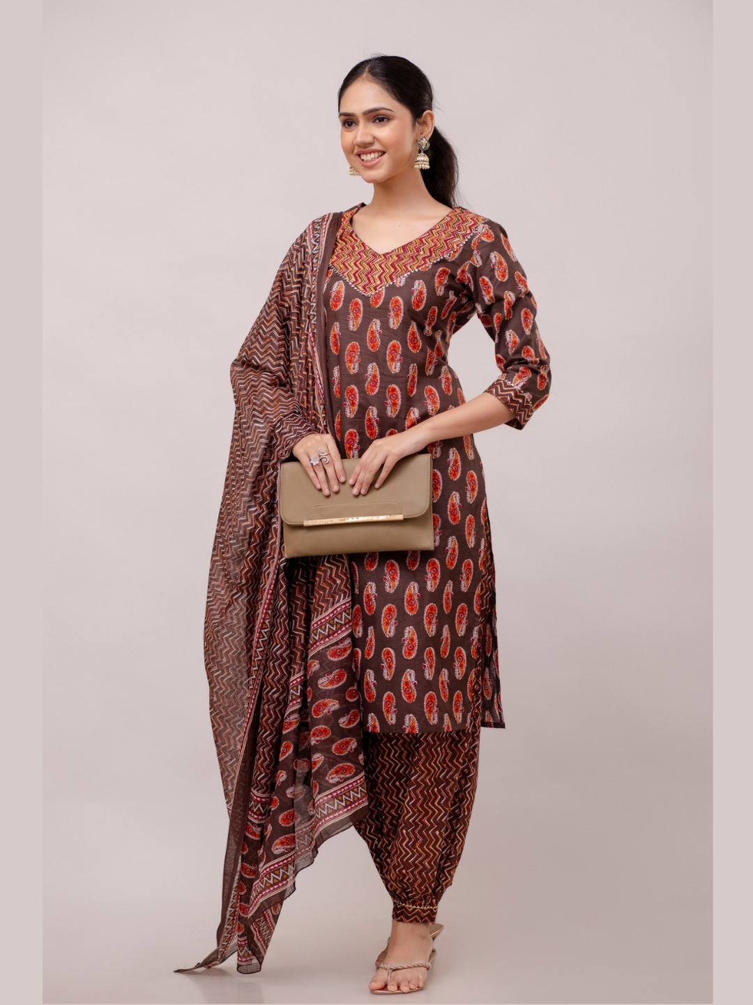 RAAKA Paisley Printed V-Neck Pure Cotton Straight Kurta With Harem Pants And Dupatta