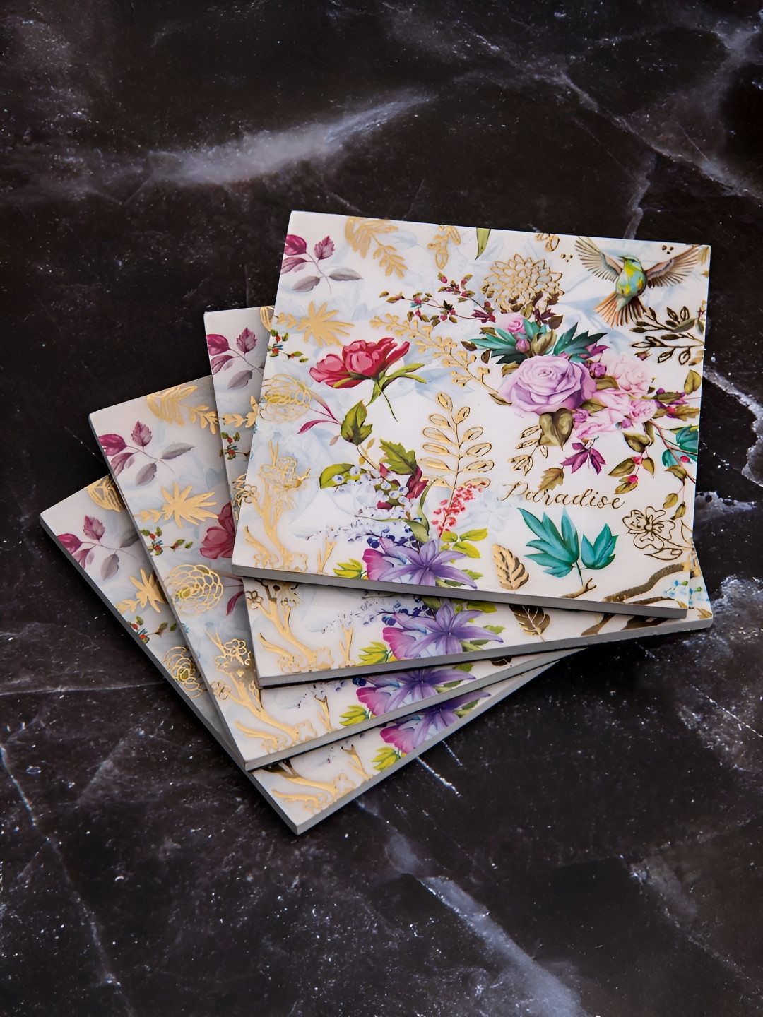 giBOX 4 Pieces White Gold-Plated Floral Printed Square Glossy Finish Wooden Coasters