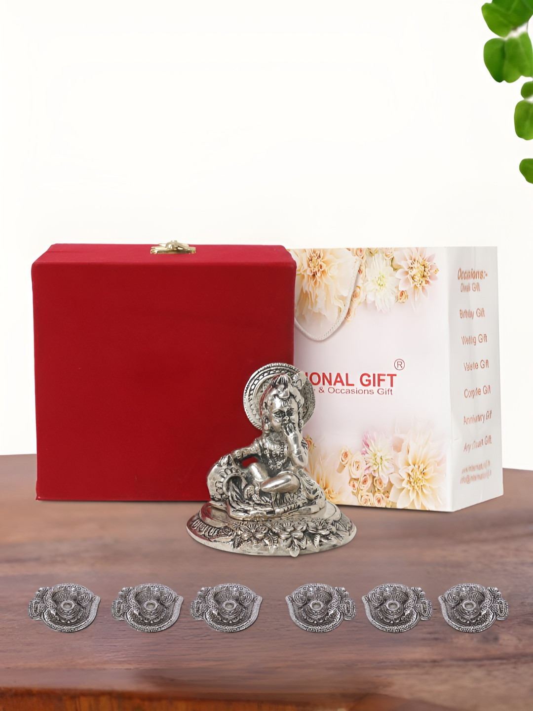 INTERNATIONAL GIFT Laddu Gopal Idol with 6 Diya, Velvet Box and Carry Bag Silver Metallic Prayer Room Small Showpiece - 3.5 Inches