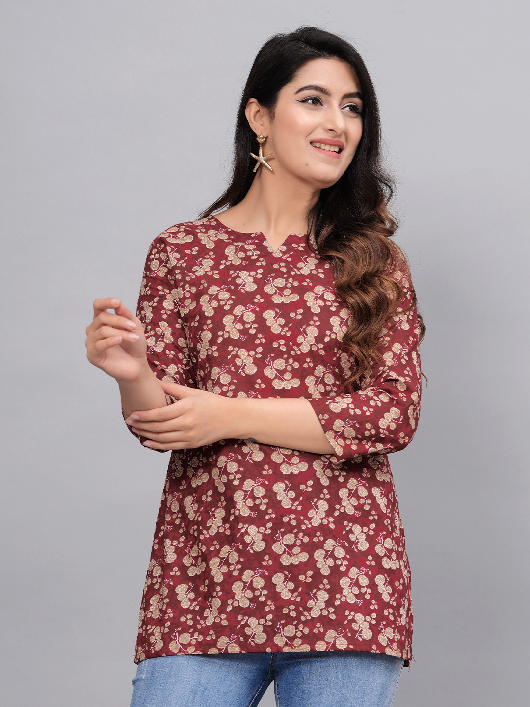 Fmkcreation Floral Print Round Neck Ethnic Cotton Top