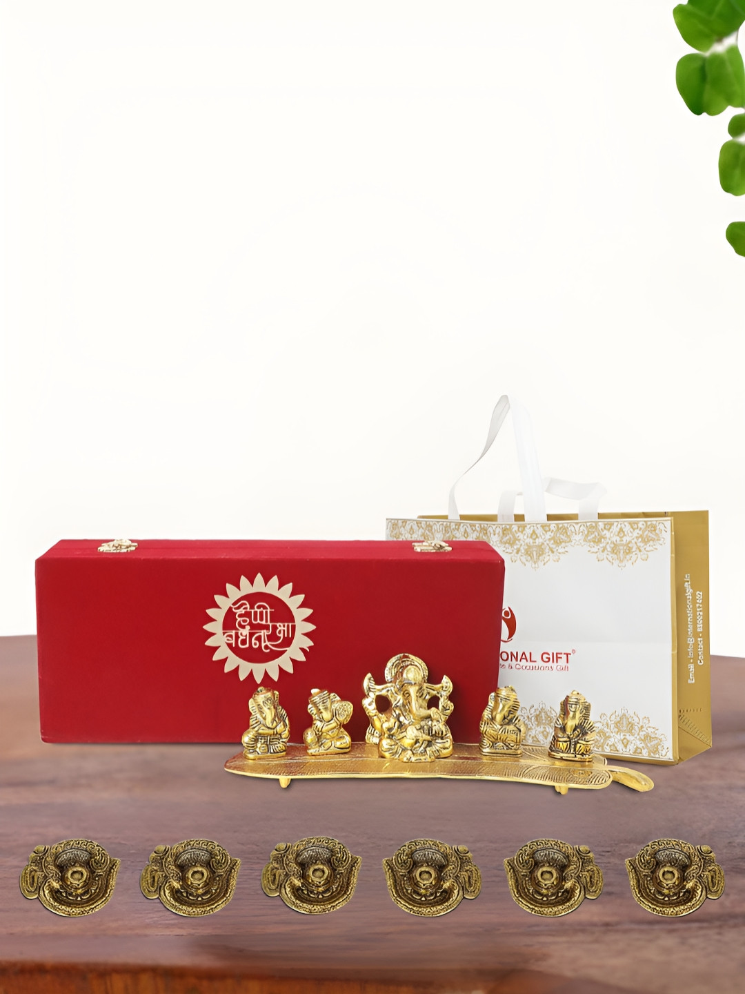 INTERNATIONAL GIFT Musical Ganesh Idol with 6 Diya, Velvet Box and Carry Bag Gold Metal Metallic Prayer Room Music Small Showpiece - 3 Inches