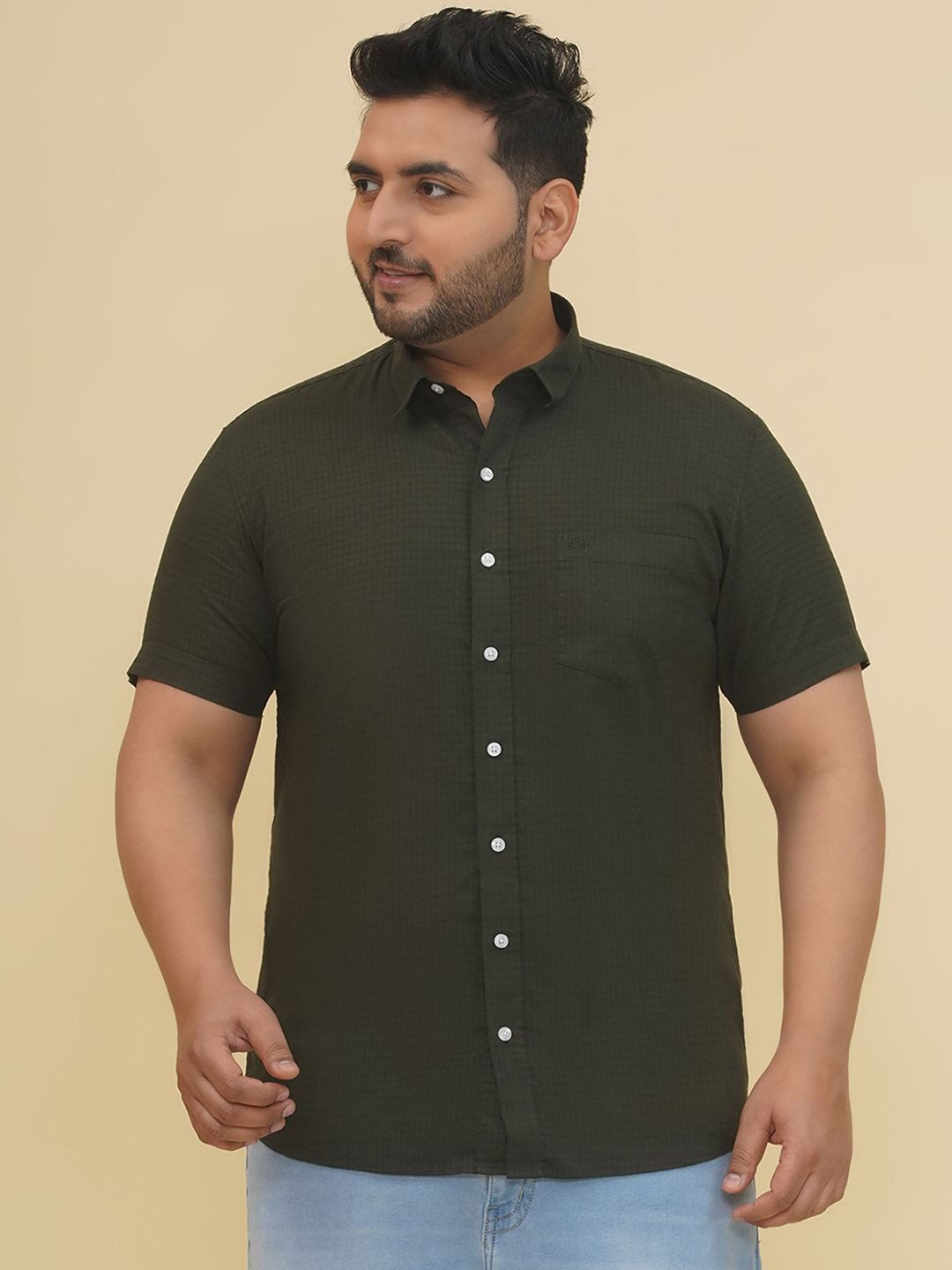 John Pride Plus Size Men Regular Fit Geometric Short Sleeves Green Cotton Casual Shirt