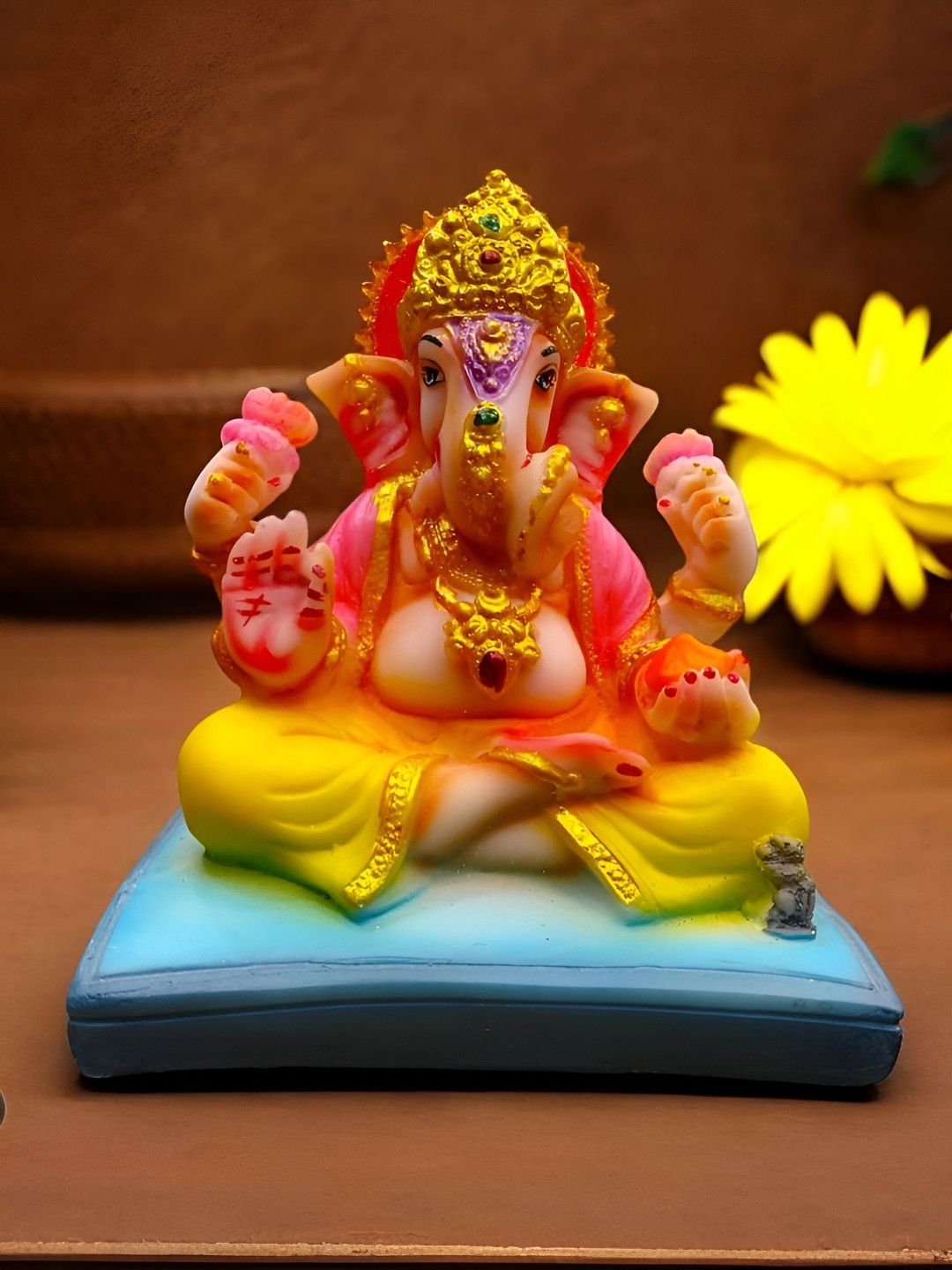 SANKALAN CREATIONS Ganesha Peach Marble Metallic Prayer Room Large Showpiece - 6.3 Inches