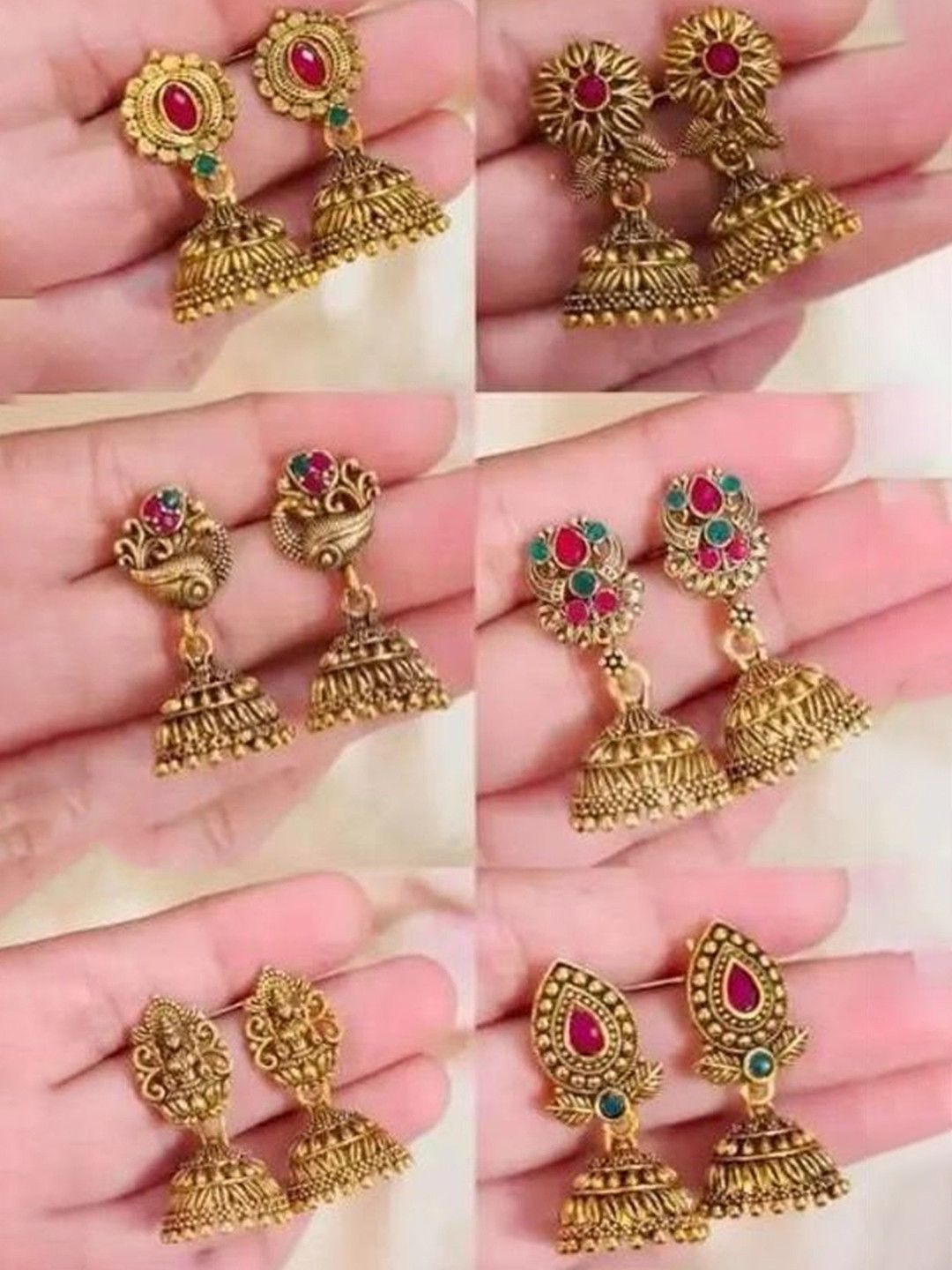 MADDY SPACE Set of 6 Gold-Plated Artificial Stones and Beaded Dome Shaped Jhumkas