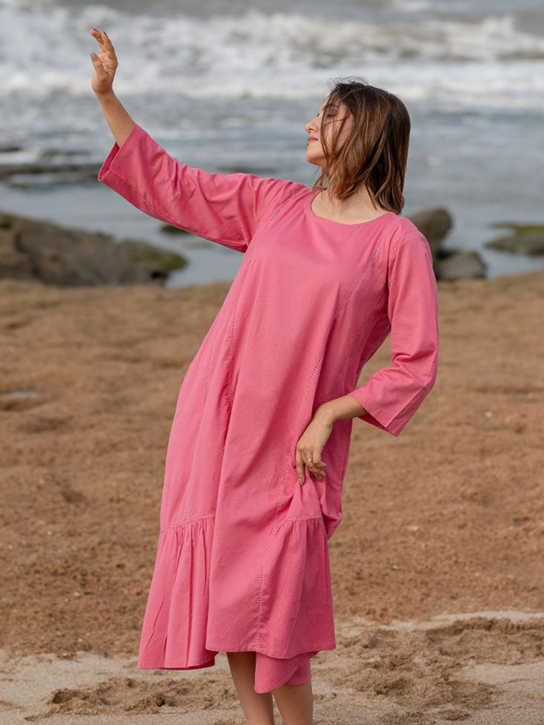 Babli Blush Pink Breeze Cotton A-Line Midi Dress