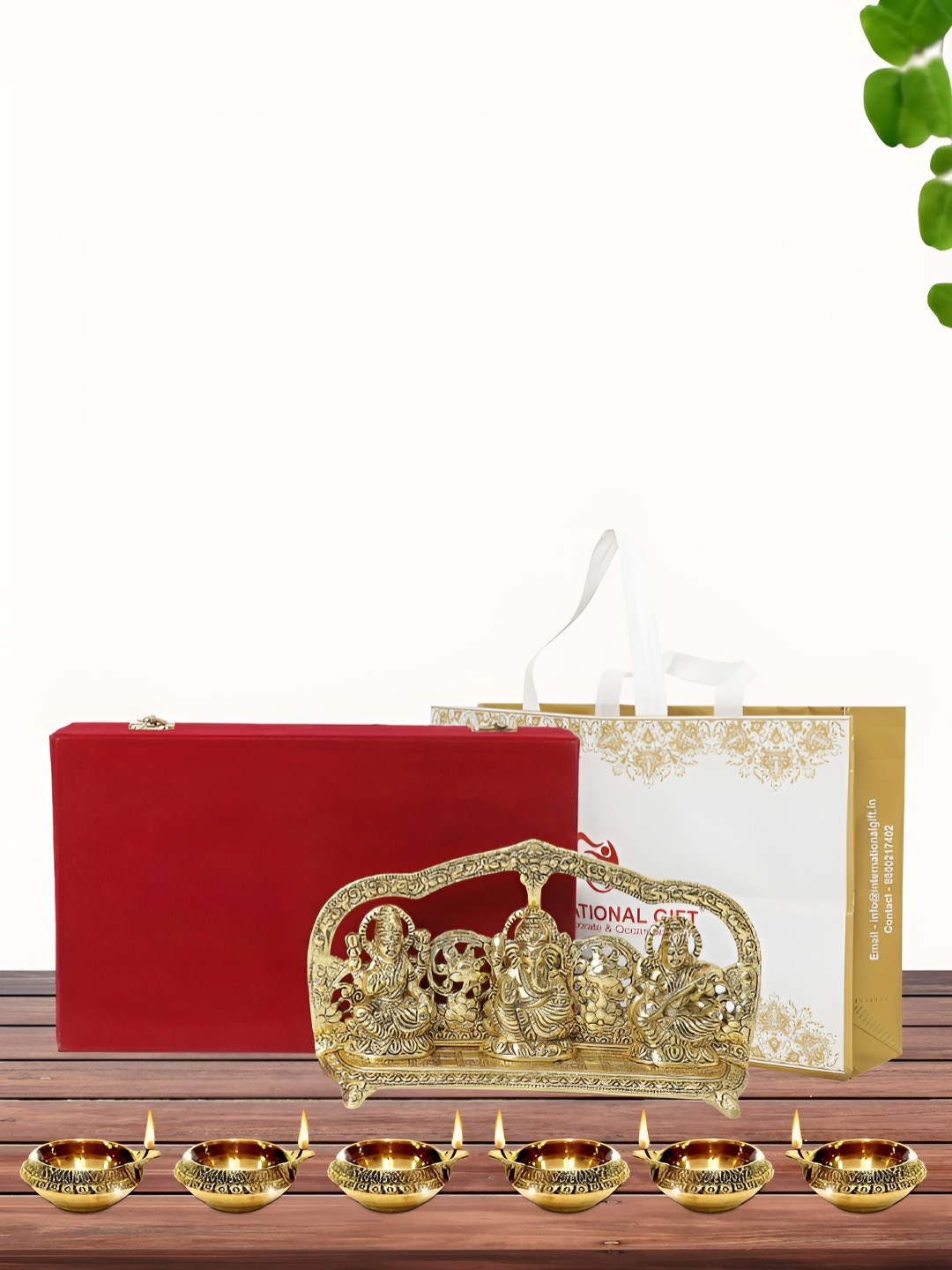 INTERNATIONAL GIFT Laxmi Ganesh Saraswati Idol with 6 Diya, Velvet Box and Carry Bag Gold Metal Metallic Prayer Room Medium Showpiece - 5.9 Inches