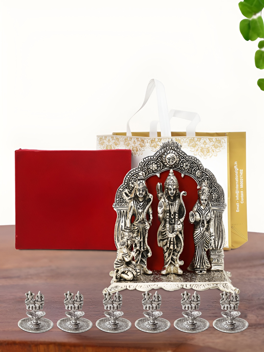 INTERNATIONAL GIFT Ram Darbar Idol with 6 Diya, Velvet Box and Carry Bag Silver Metal Metallic Prayer Room Large Showpiece - 4.5 Inches