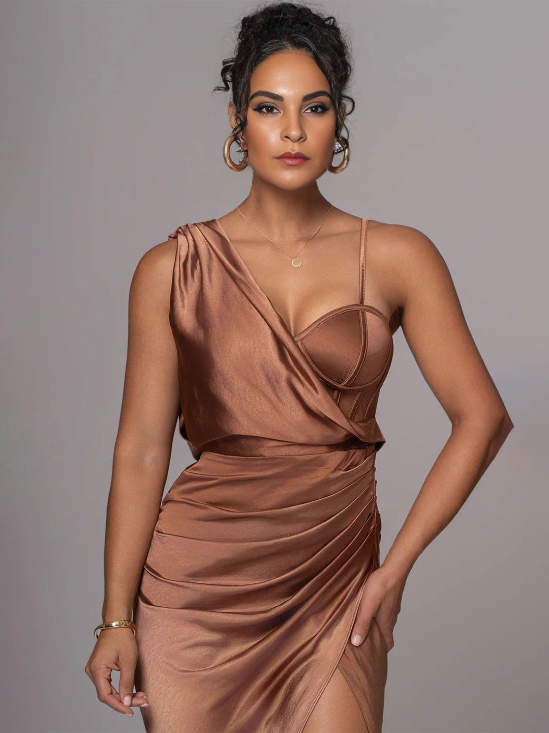 Bee Boe Satin Drape Corset Chocolate Gown