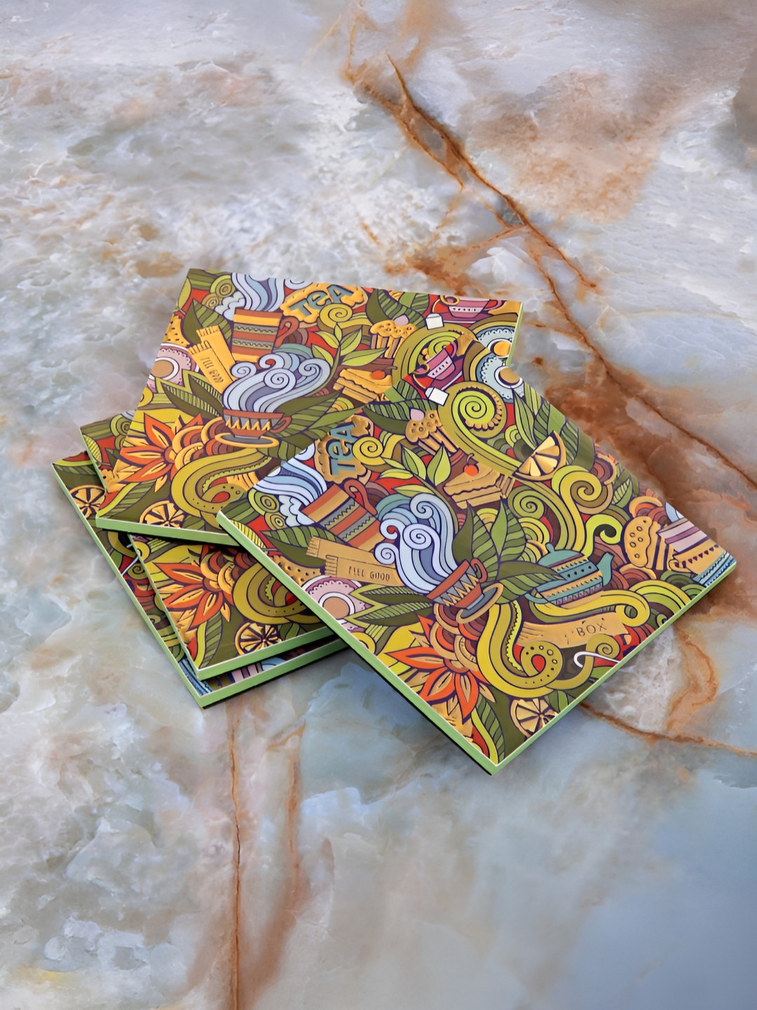 giBOX 4 Pieces Green Gold-Plated Floral Printed Square Glossy Finish Wooden Coasters