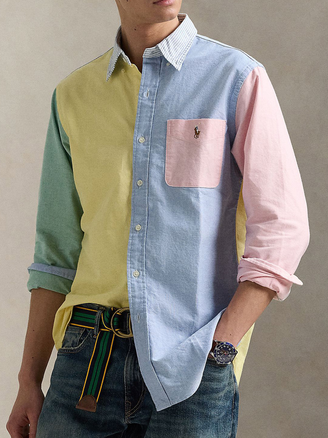 Polo Ralph Lauren Men Button-Down Collar Colourblocked Cotton Casual Shirt