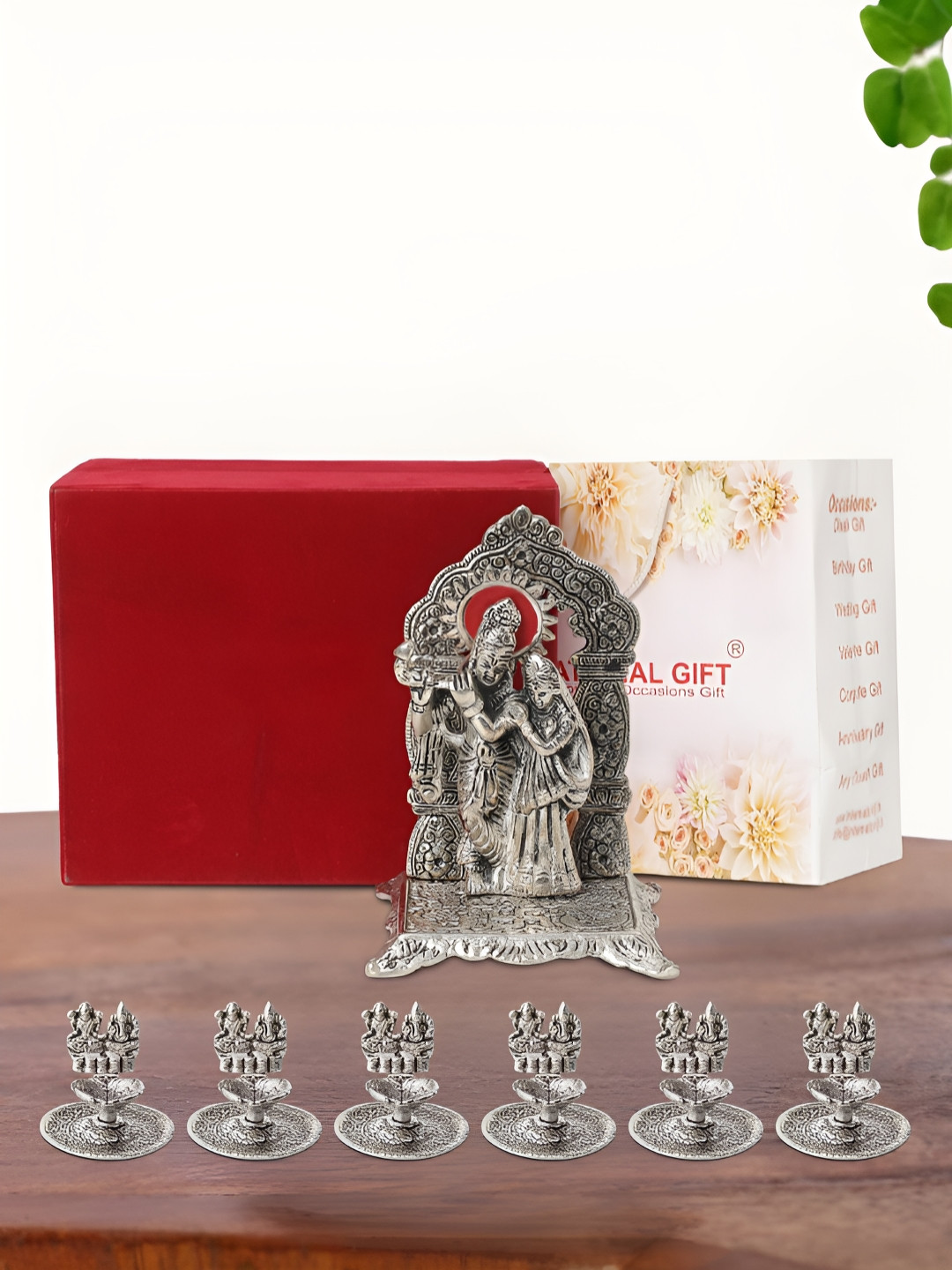 INTERNATIONAL GIFT Radha Krishna Chowki with 6 Diya, Velvet Box and Carry Bag Silver Metal Metallic Prayer Room Medium Showpiece - 4.5 Inches