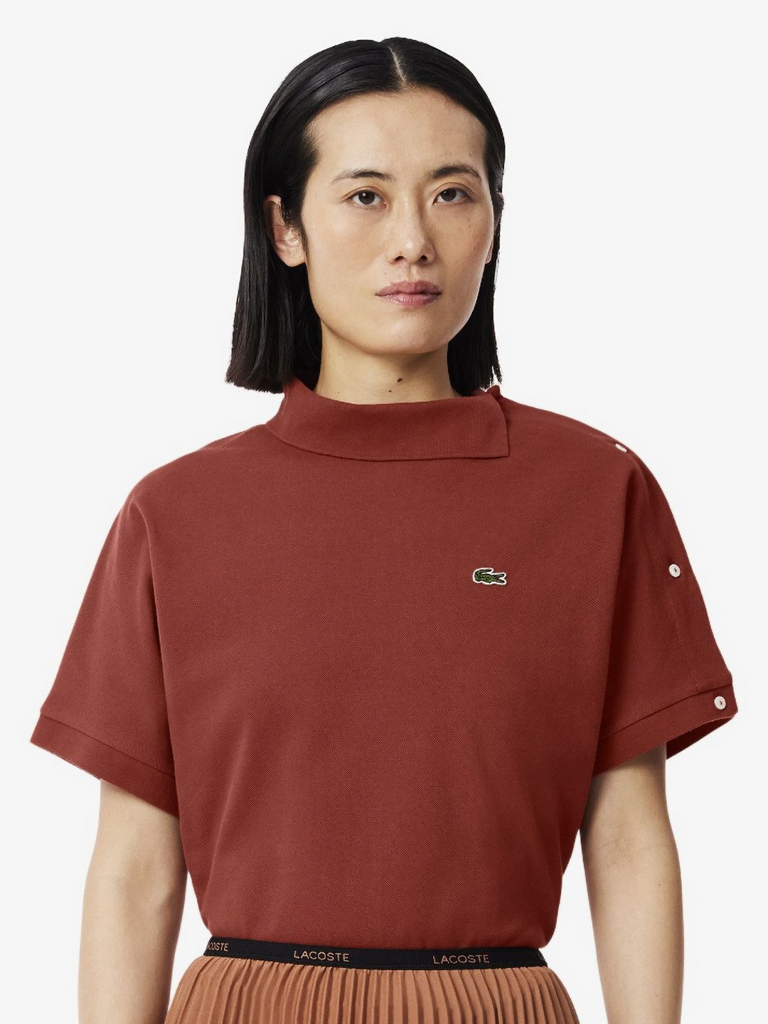 Lacoste Women Draped Piqu Solid High Neck Cotton Relaxed Fit T-shirt