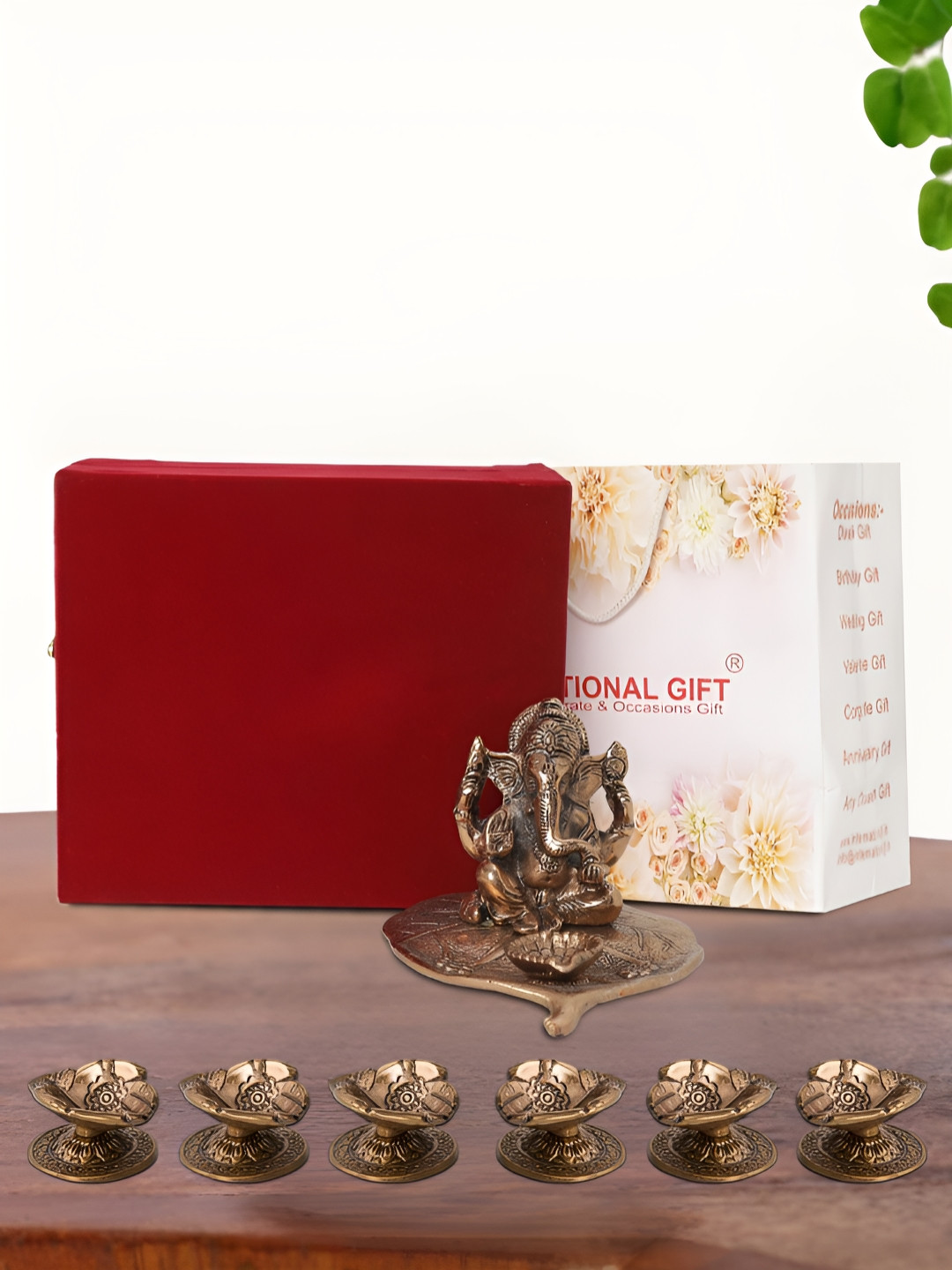 INTERNATIONAL GIFT Leaf Ganesh Idol with 6 Diya, Velvet Box and Carry Bag Copper Metal Metallic Prayer Room Medium Showpiece - 6.6 Inches