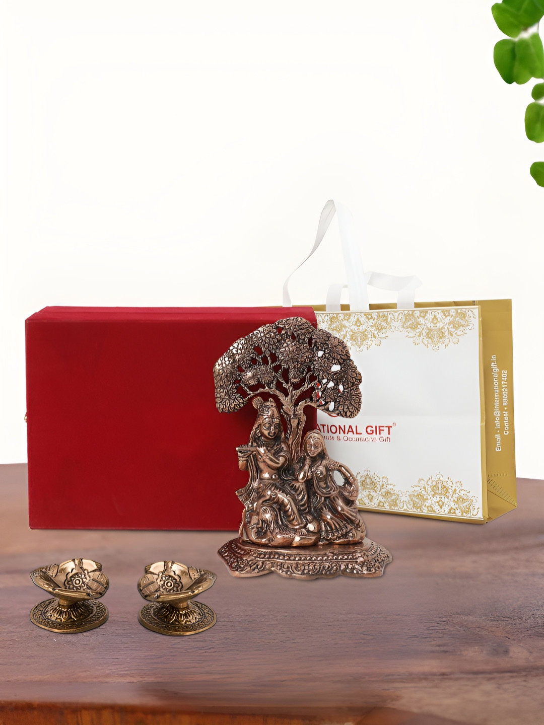INTERNATIONAL GIFT Radha Krishna Idol with Diya,Box and Carry Bag Brown Metal Metallic Prayer Room Set of 3 Medium Showpieces - 7 Inches