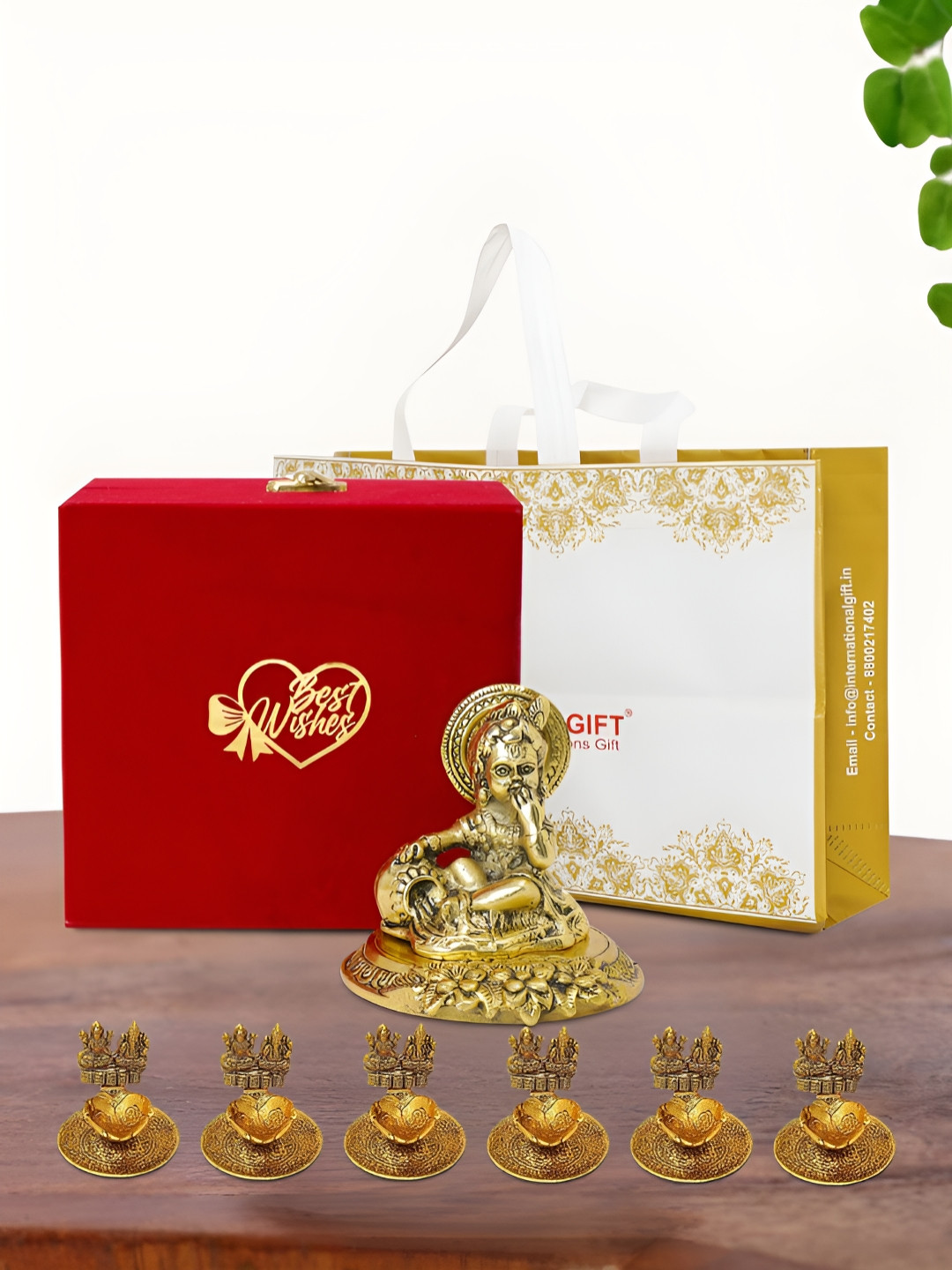 INTERNATIONAL GIFT Laddu Gopal Idol with 6 Diya, Velvet Box and Carry Bag Gold Metal Metallic Prayer Room Small Showpiece - 3.5 Inches