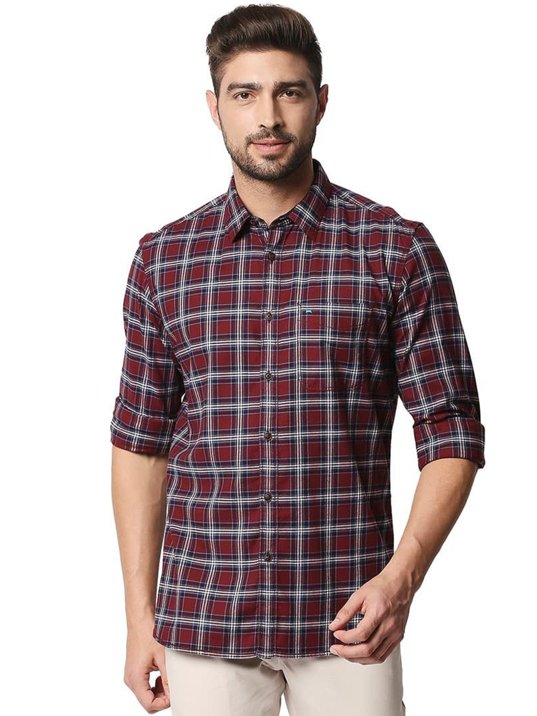 Basics Men Relaxed Fit Spread Collar Tartan Checked Cotton Casual Shirt
