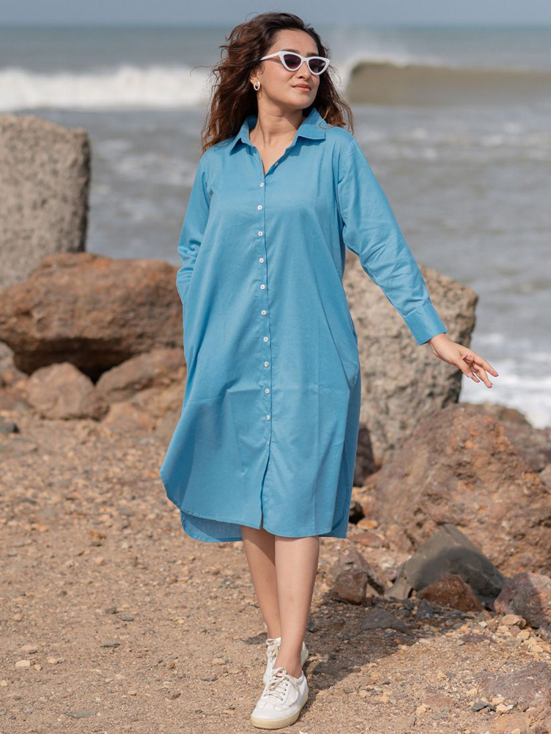 Babli Women Pure Cotton Calm blue Shirt Dress