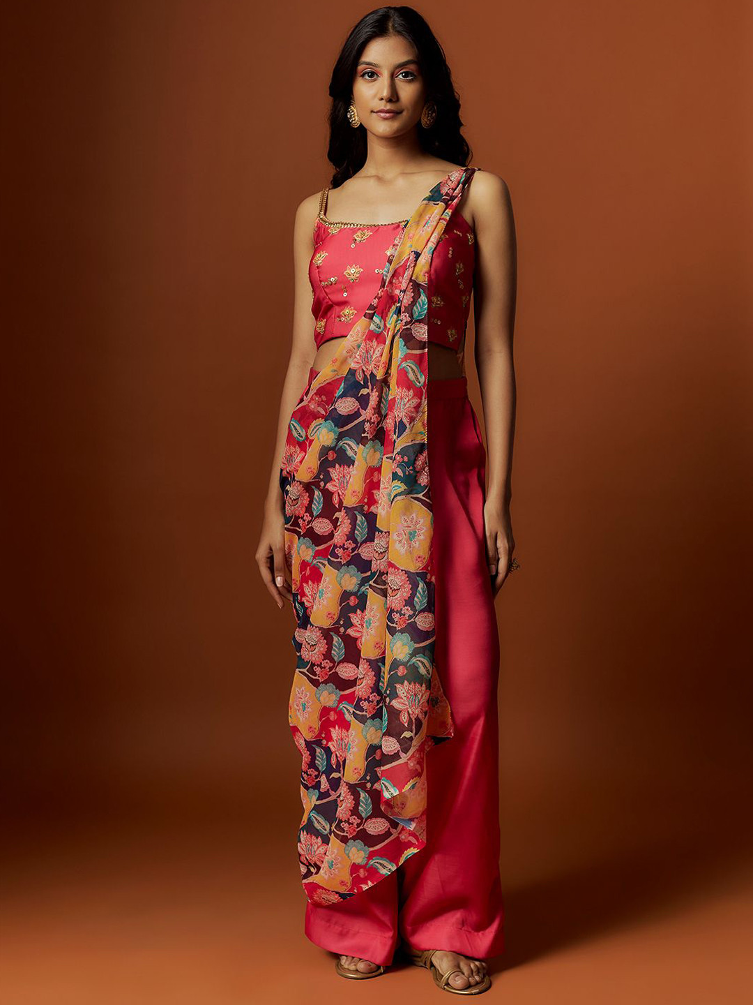 Mystake By Meghna Shah Embroidered Round Neck Cropped Top With Palazzos Drape Dupatta