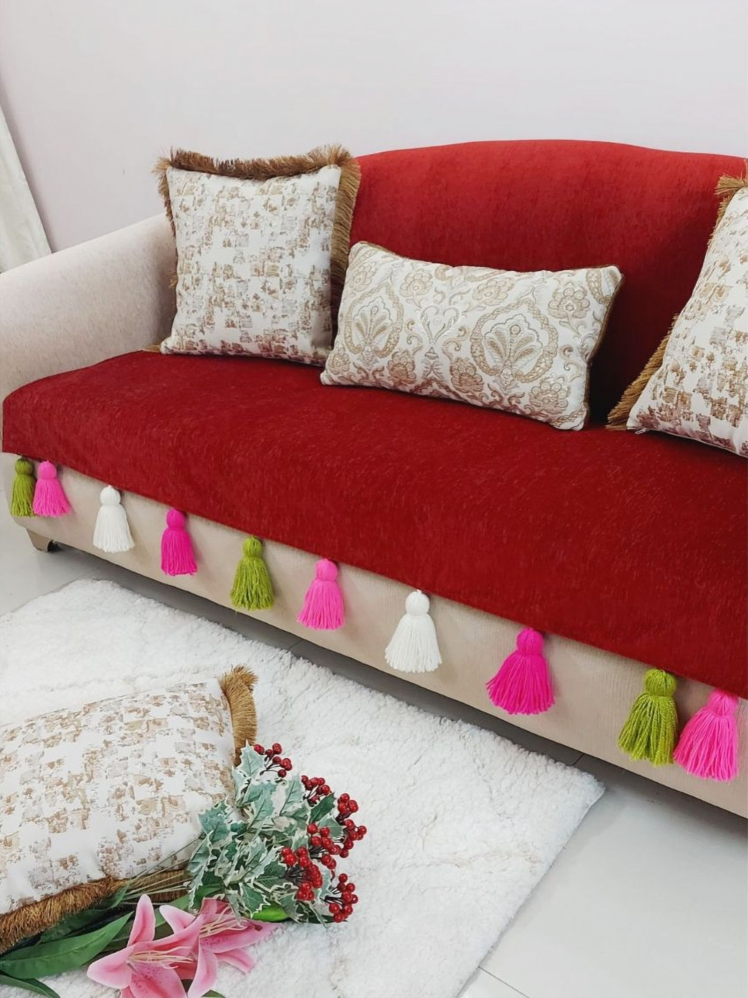THROWPILLOW Red & Green 3 Seater Sofa Cover