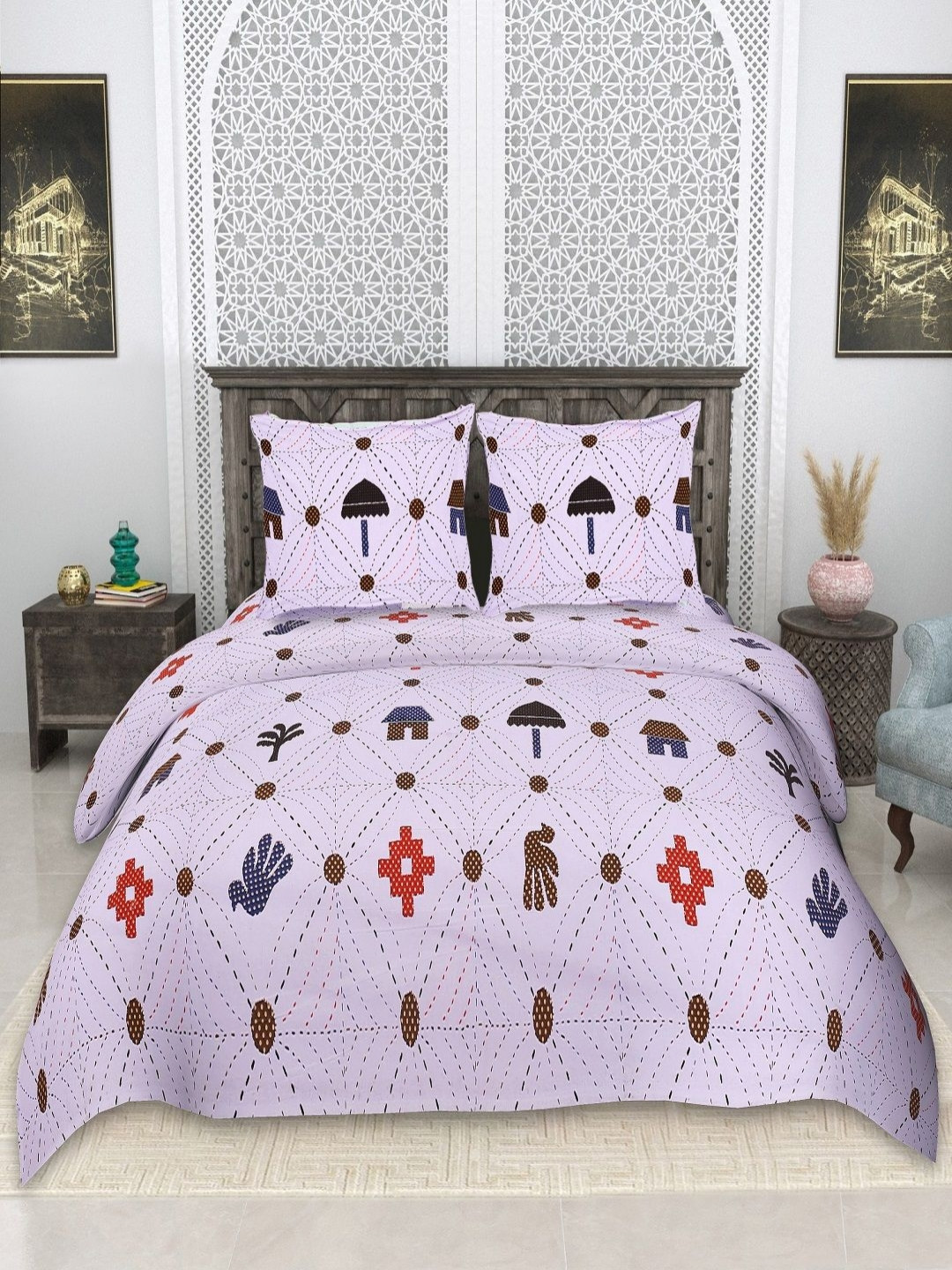 CHICERY Rozee Maharab Purple Abstract Pure Cotton 210 TC King Fine Bedsheet with 2 Pillow Covers-274 x 274 cm