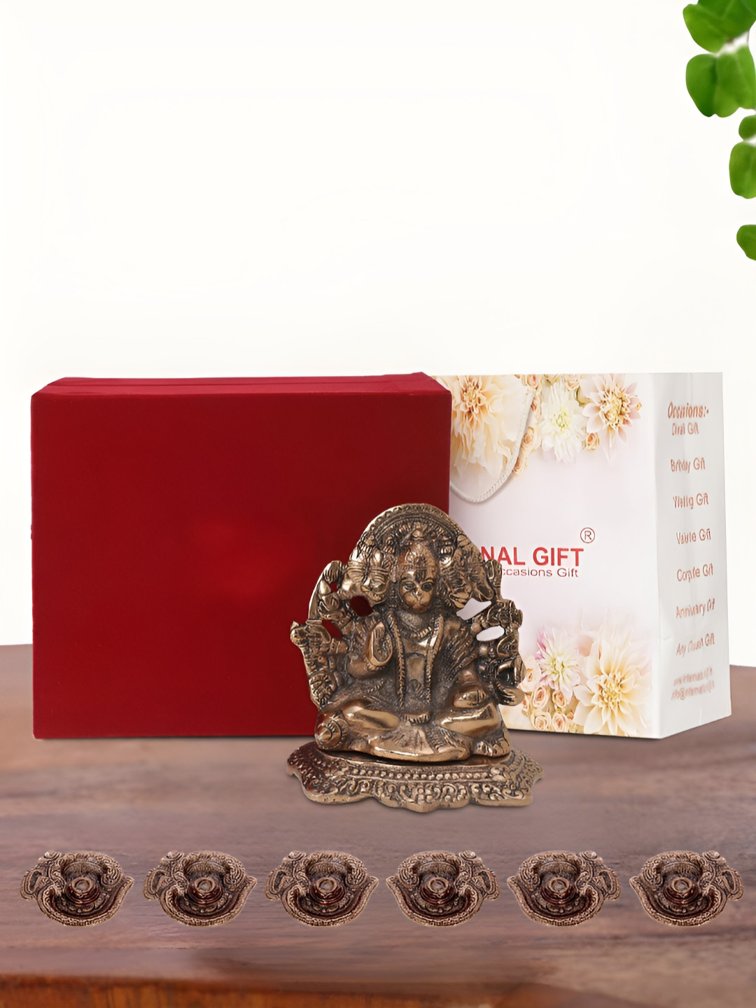 INTERNATIONAL GIFT Panchmukhi Hanuman Idol with 6 Diya, Velvet Box and Carry Bag Copper Metal Metallic Prayer Room Small Showpiece - 6 Inches