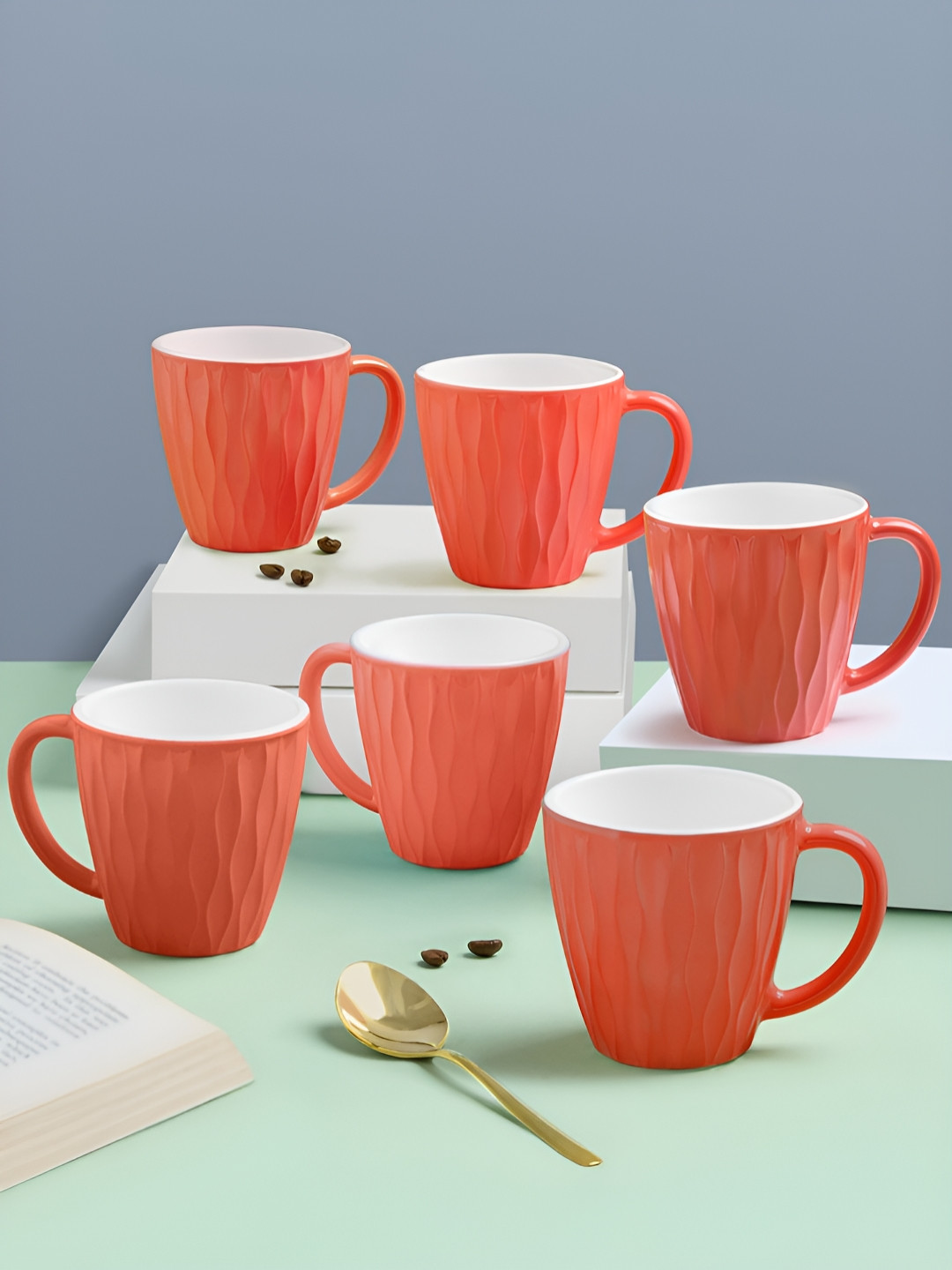 Larah by BOROSIL Carlington Reactive Orange Textured Opalware Microwave Safe 6 Piece Mugs-200ml