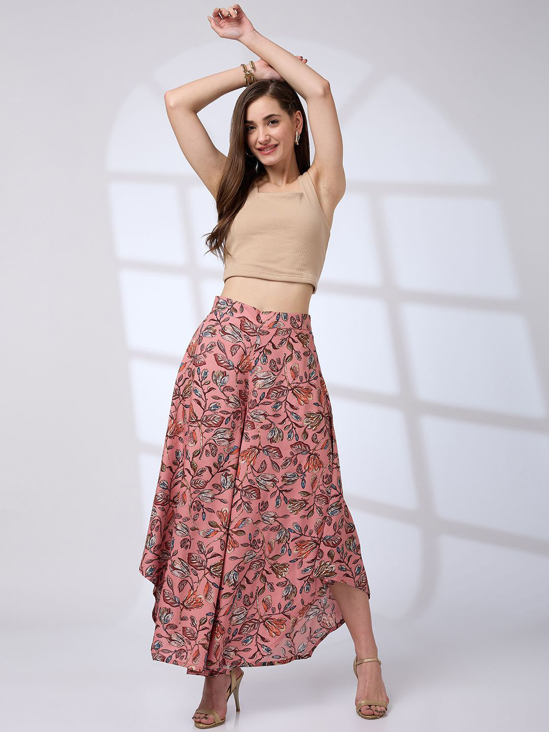 Globus Allover Floral Print Asymmetric Flared Hem Fusion Palazzos