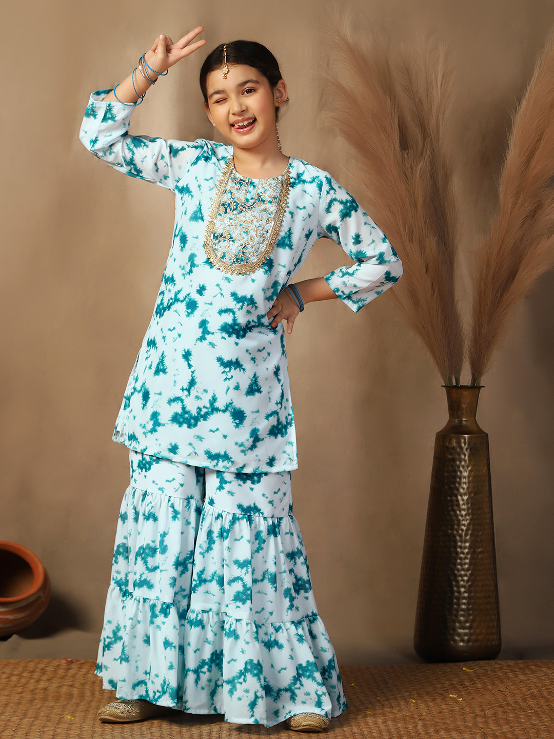 Sangria Teal Blue Girls Tie And Dye Zari Georgette Straight Kurti With Sharara