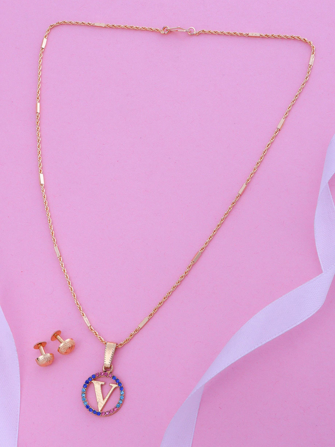 Ramdev Art Fashion Jwellery Gold Plated Stone Studded V Alphabate Jewellery Set