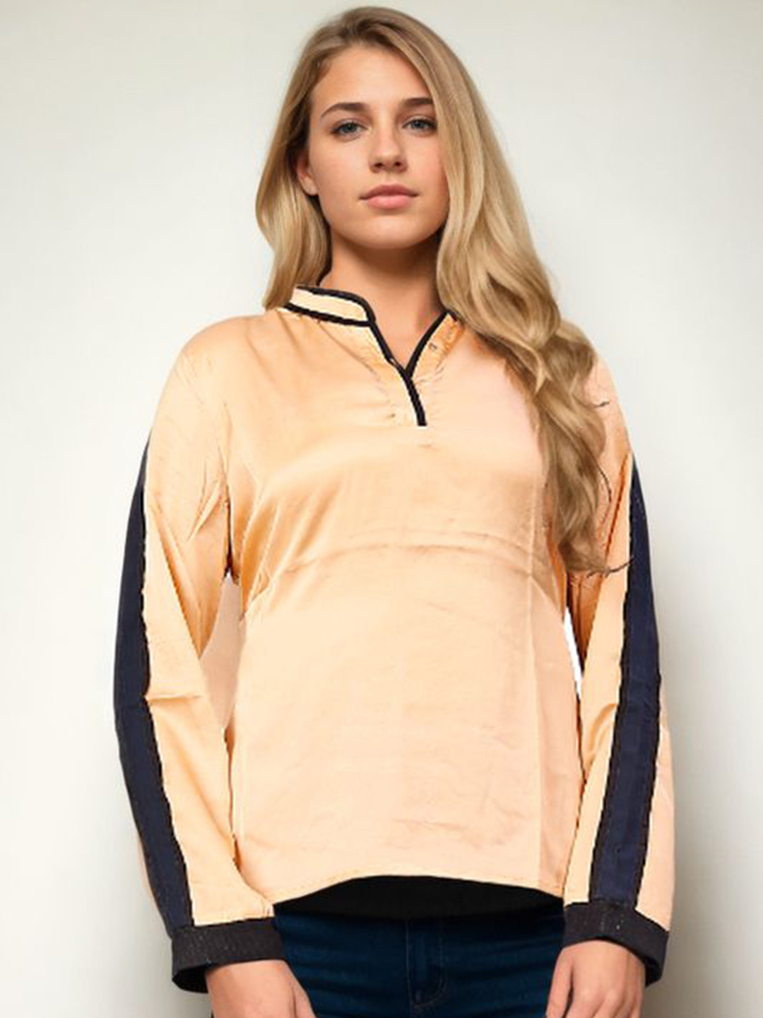 Bucciato Private Limited Women Colourblocked Mandarin Collar Satin Top