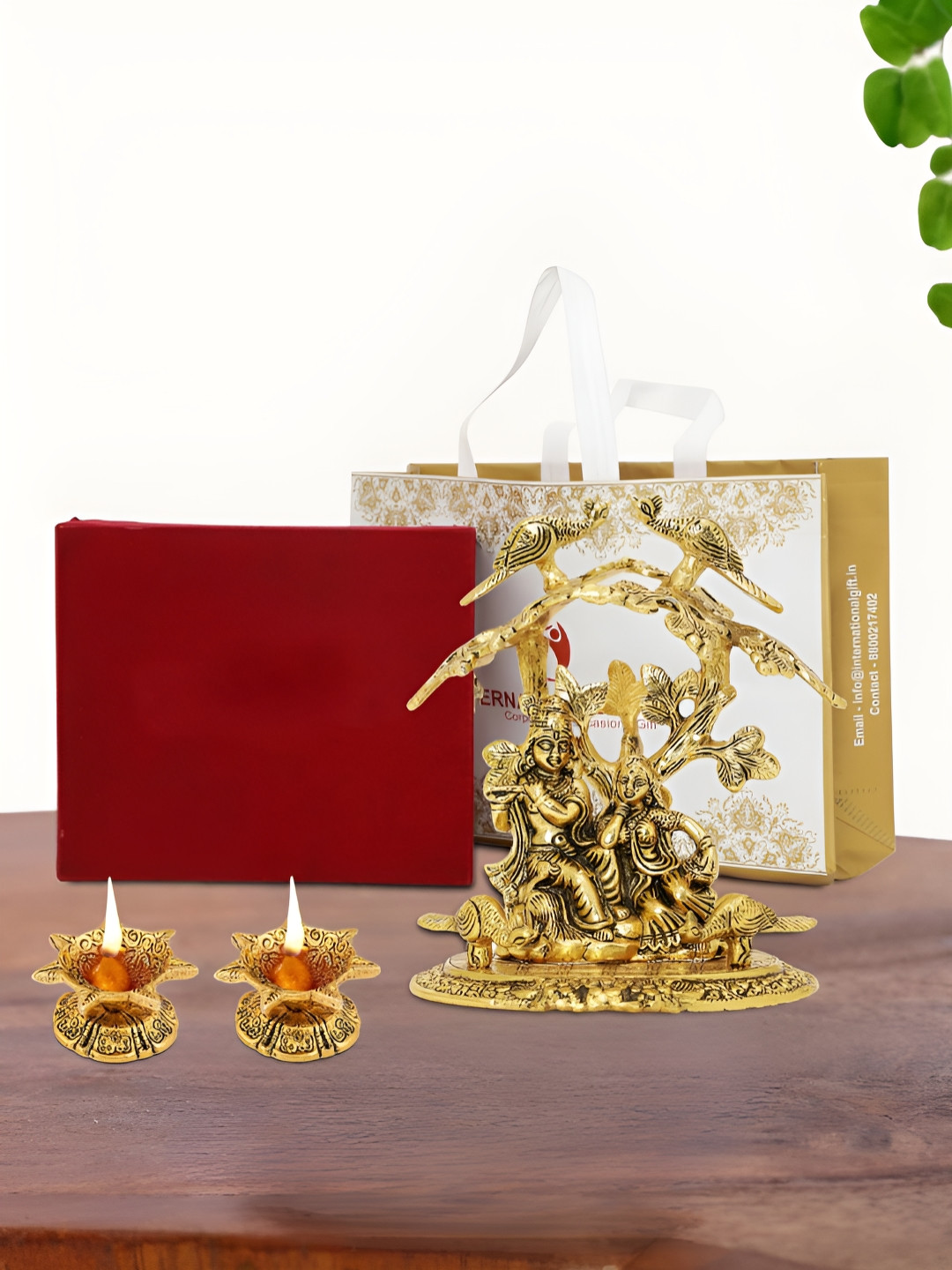 INTERNATIONAL GIFT Radha Krishna with Diya Gold Aluminium Metallic Prayer Room Set of 3 Medium Showpieces - 8 Inches