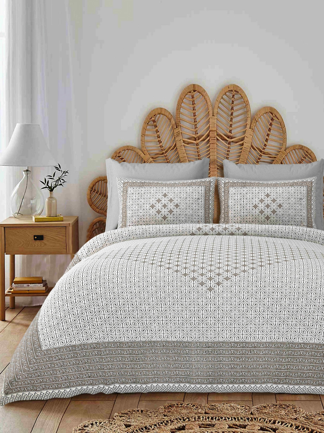 JAIPUR PRIME Magnet White Ethnic Motifs Cotton 180 TC King Fine Bedsheet with 2 Pillow Covers-108 x 100 inches