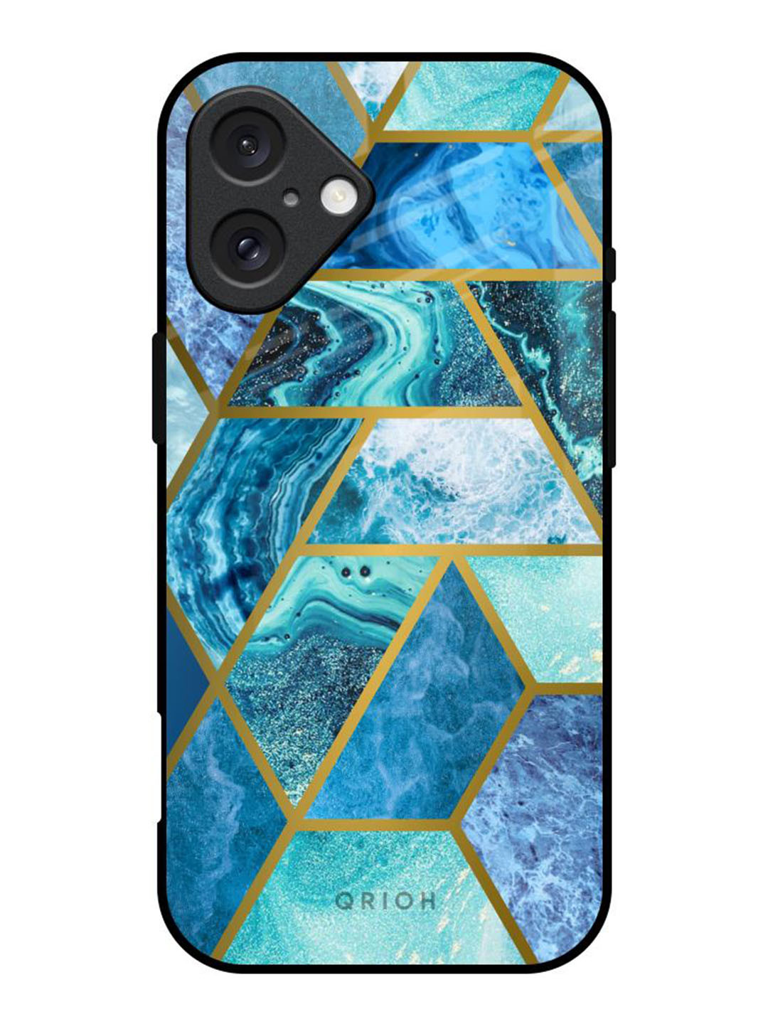 QRIOH iPhone 16 Geometrical Marble Real Glass Back Case