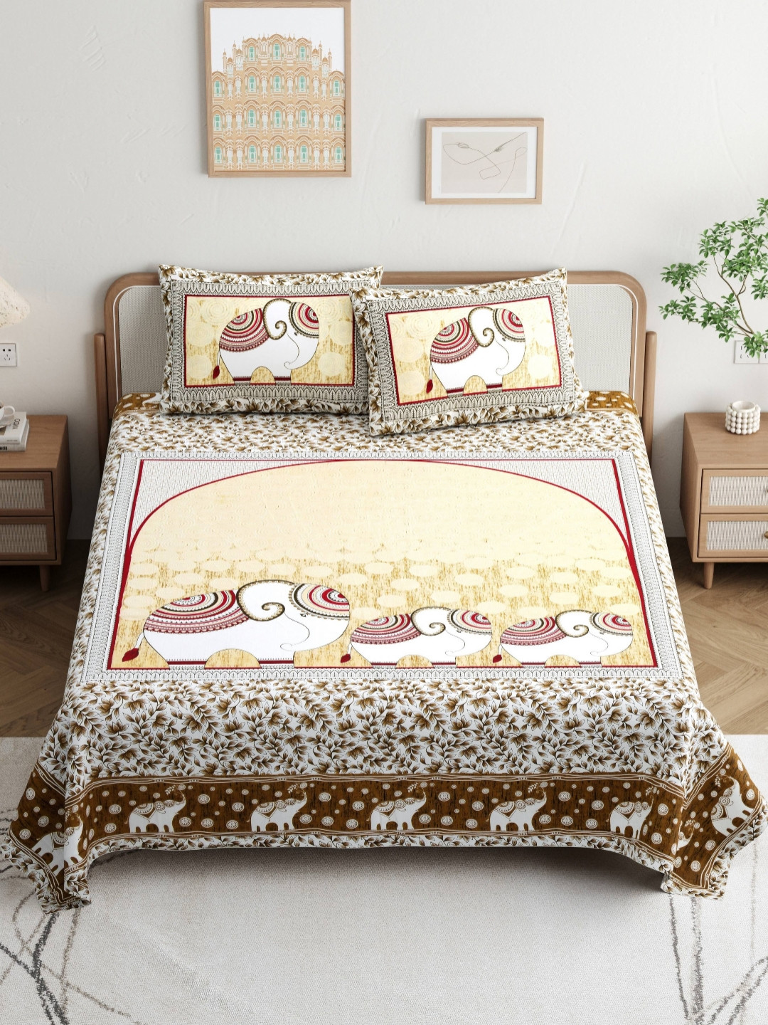 JAIPUR PRIME Magnet Beige Graphic Pure Cotton 180 TC King Fine Bedsheet with 2 Pillow Covers-108 x 100 inches