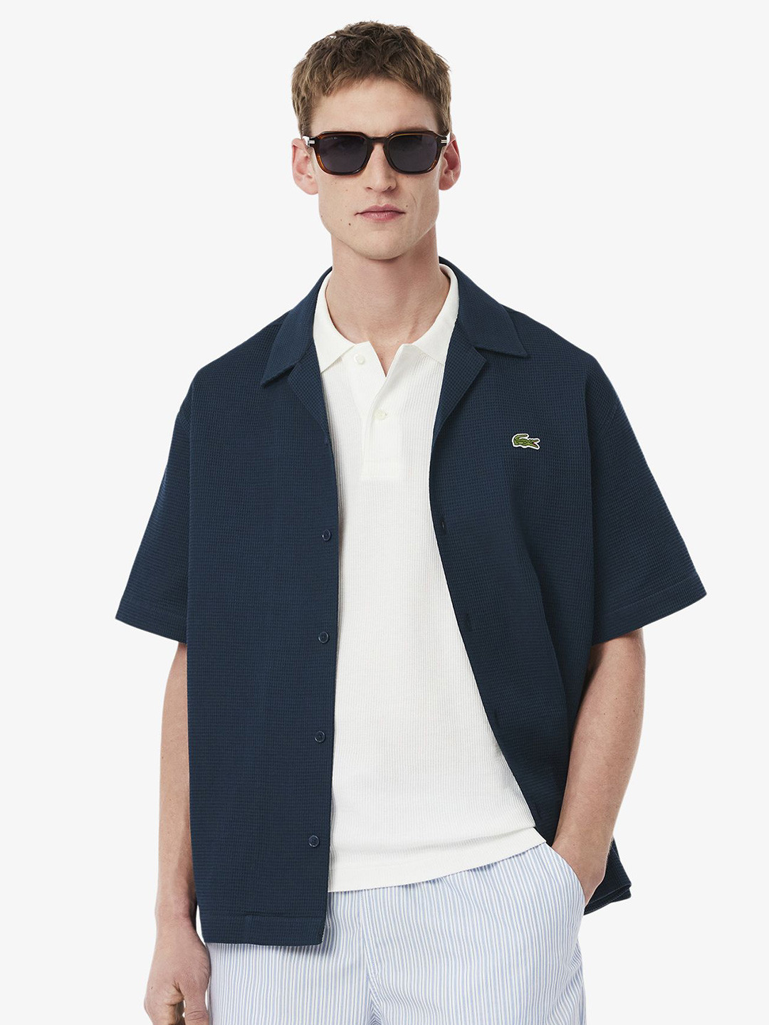Lacoste Men Relaxed Fit Cuban Collar Textured Cotton Casual Shirt