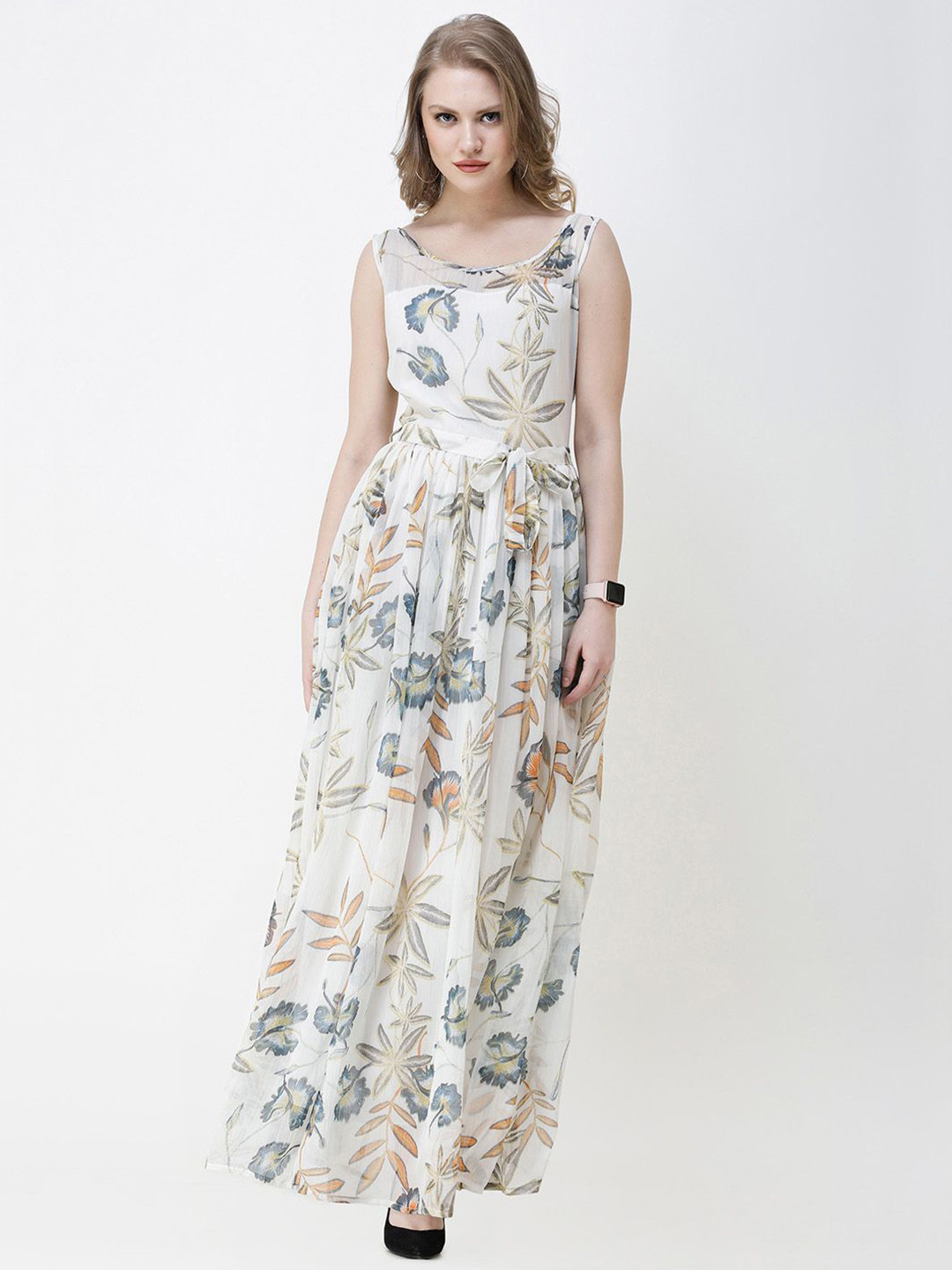 BAESD Floral Printed Chiffon Maxi Dress with A Belt