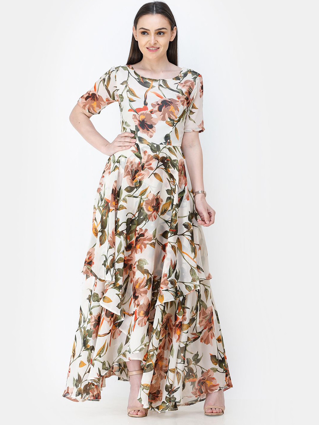 BAESD Floral Print Georgette Round Neck Maxi Dress