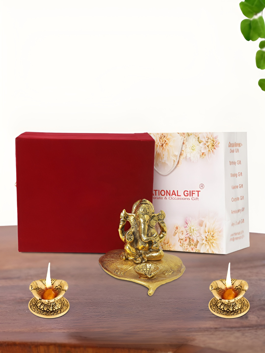 INTERNATIONAL GIFT Leaf Ganesh with Diya Gold Metal Metallic Prayer Room Set of 3 Small Showpieces - 4 Inches