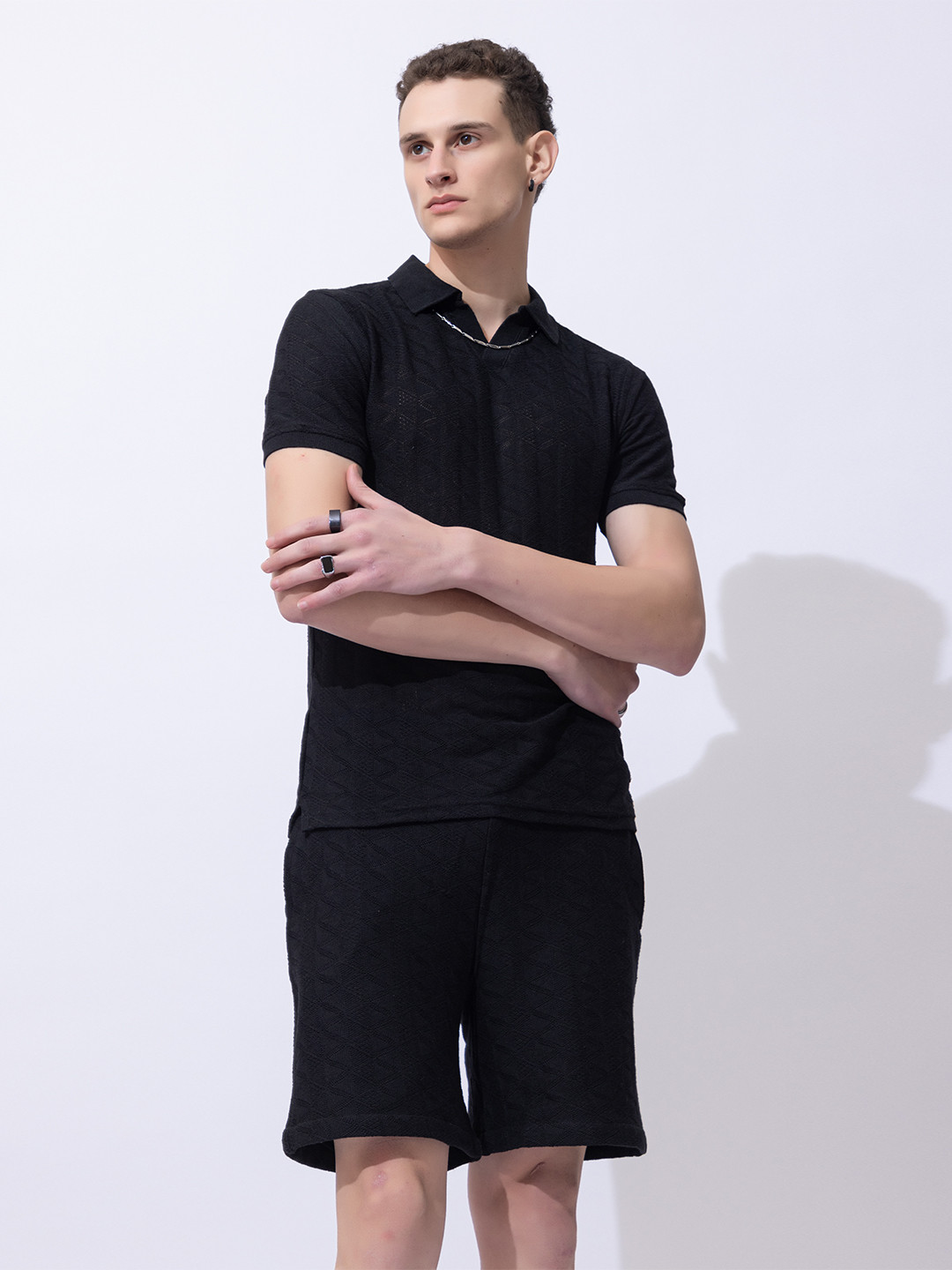 ARMISTO Crochet Self Design T-shirt With Shorts Co-Ords