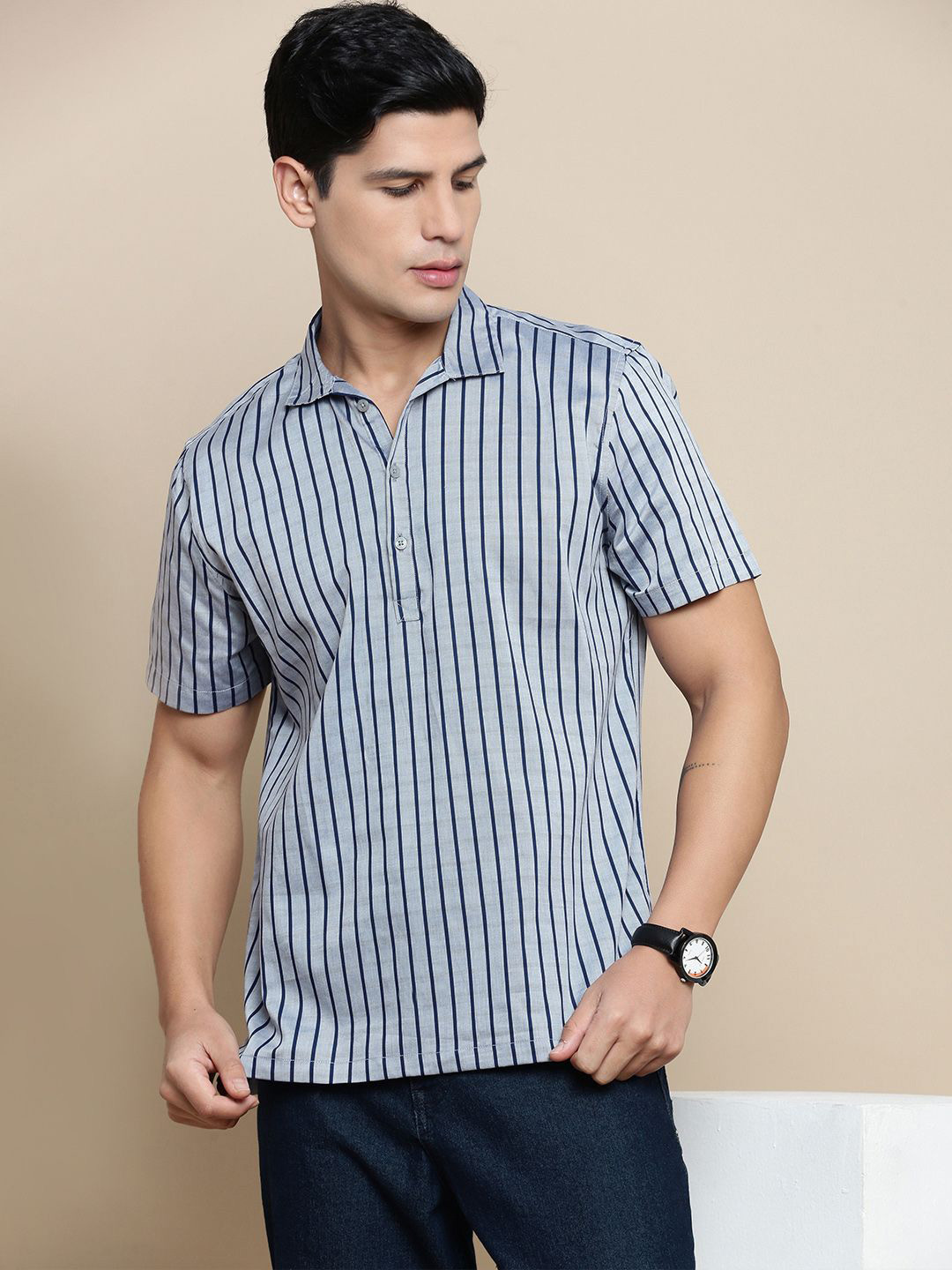 INVICTUS Men Sport Relaxed Fit Spread Collar Vertical Striped Cotton Casual Shirt