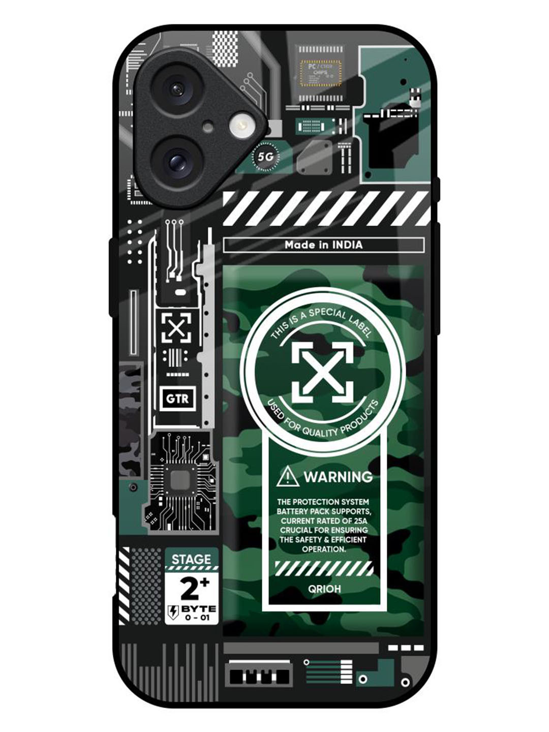 QRIOH Green Camo Circuit Printed iPhone 16 Plus Back Case