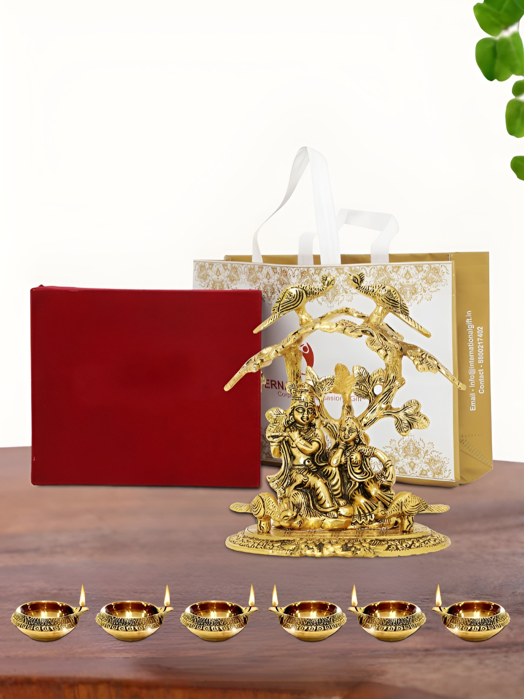 INTERNATIONAL GIFT Radha Krishna Idol with 6 Diya, Velvet Box and Carry Bag Gold Metal Metallic Prayer Room Medium Showpiece - 6 Inches
