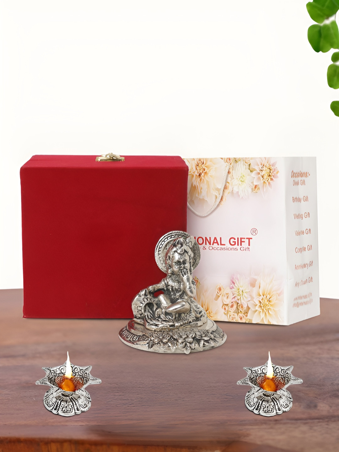 INTERNATIONAL GIFT Laddu Gopal with Diya, Box and Carry Bag Silver Metal Metallic Prayer Room Set of 3 Small Showpieces - 3.5 Inches