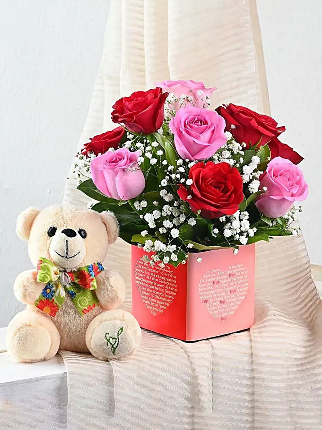 fnp 10-Pcs Red Roses Fresh Flowers Bouquet With Teddy