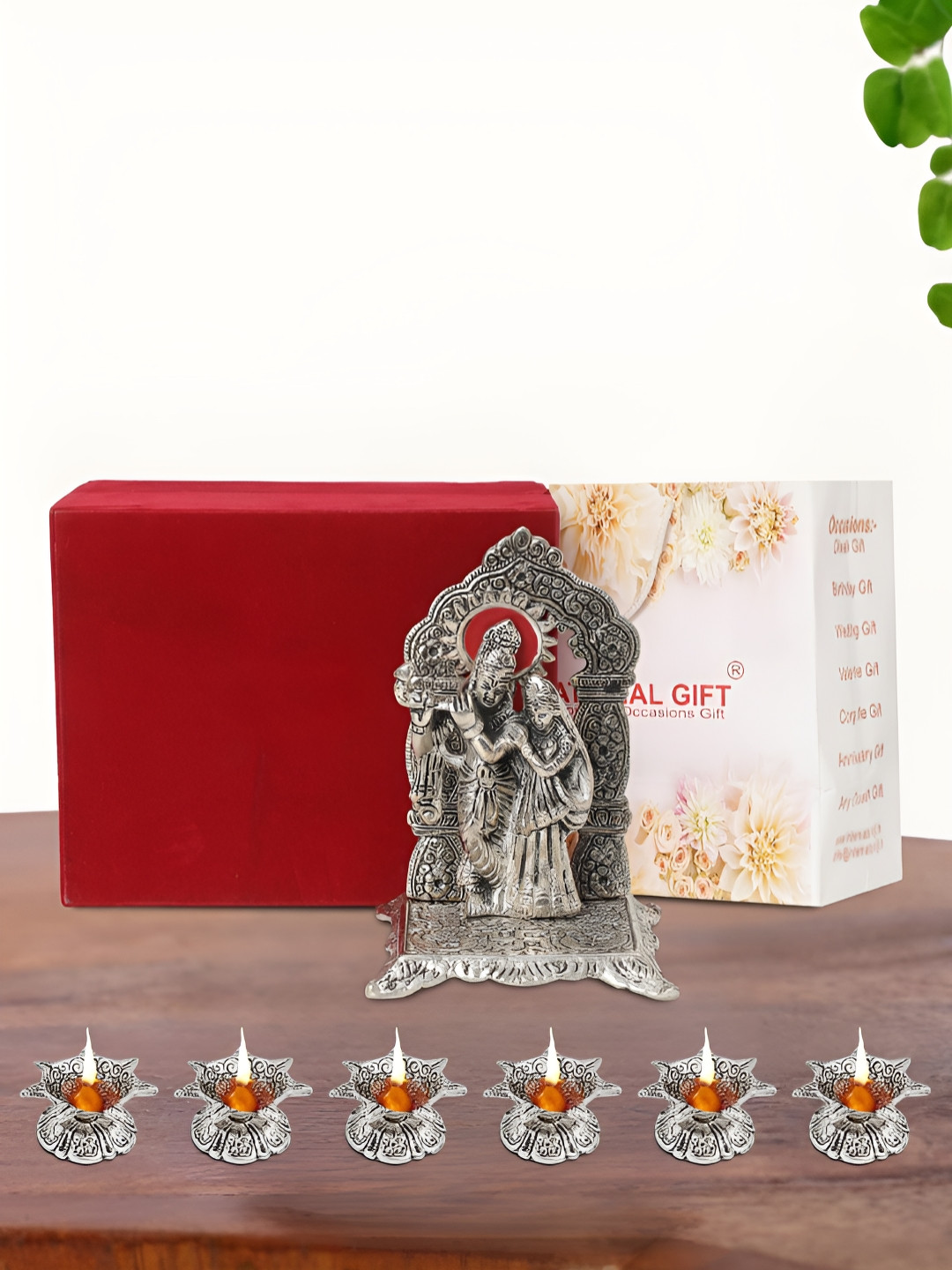 INTERNATIONAL GIFT Radha Krishna Chowki with 6 Diya, Velvet Box and Carry Bag Silver Metal Metallic Prayer Room Medium Showpiece - 4.6 Inches