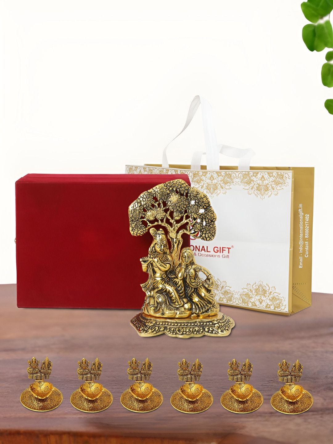 INTERNATIONAL GIFT Radha Krishna Idol with 6 Diya, Velvet Box and Carry Bag Gold Metal Metallic Prayer Room Medium Showpiece - 7 Inches